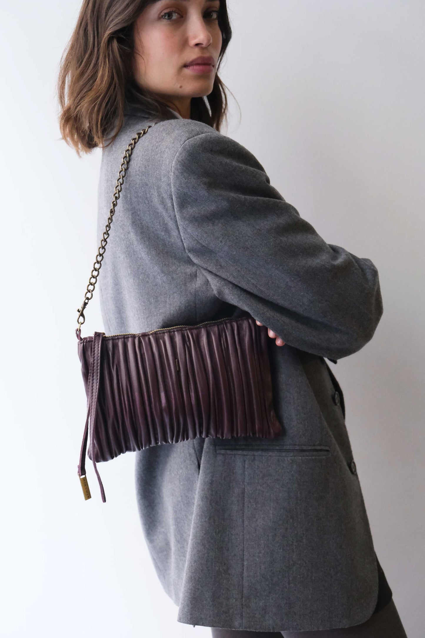 PRE ORDER discount 15%- Mikin pochette in plum pleated soft leather - use code PREORDER15 - ESTIMATED DELIVERY END SEPTEMBER - Made in Italy -