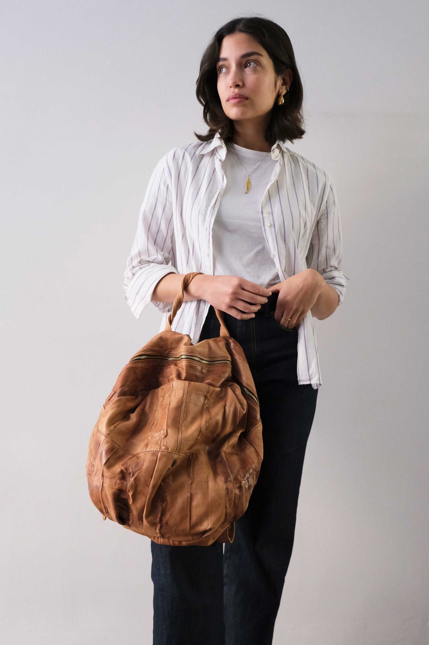 Nerina backpack in leather cognac washed and soft lomè nappa leather - Made in Italy -