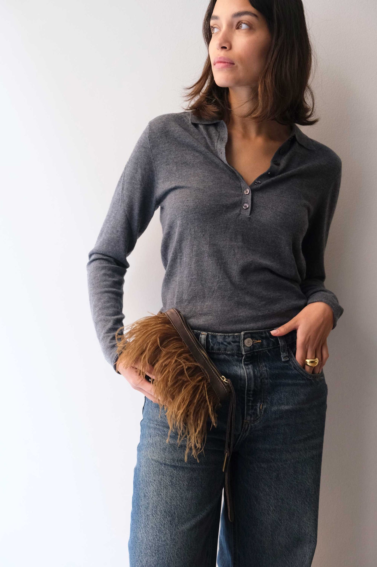 Olga pochette in brown nappa leather with moss feathers - Made in Italy -