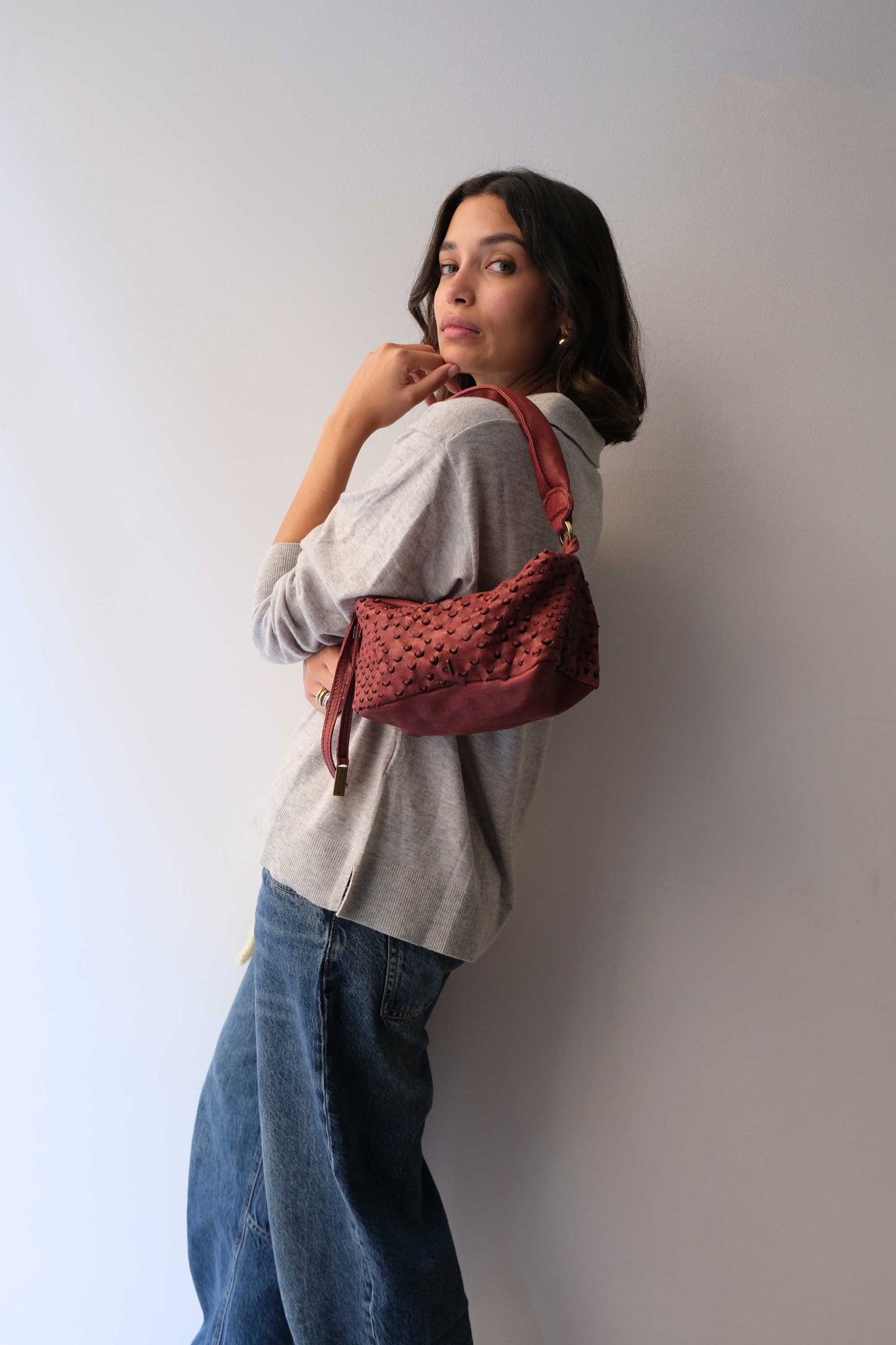 Bobo mini in cherry perforated nappa vegetable leather - Made in Italy -