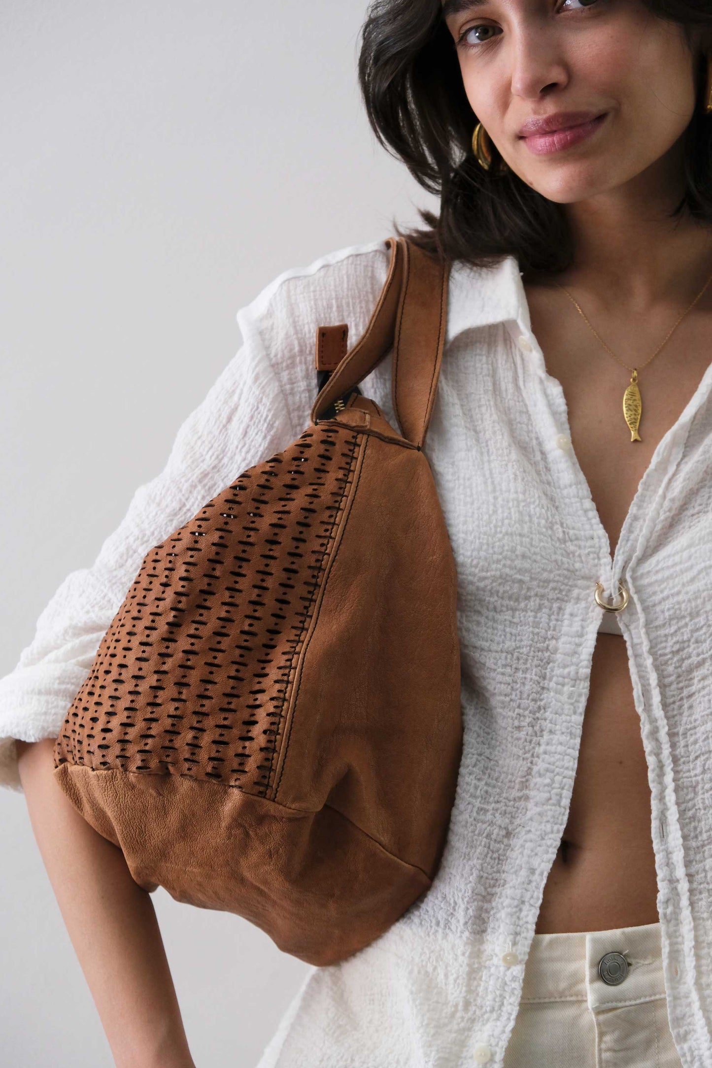 Carola bag cognac in morbida nappa traforata giunco - Made in Italy -