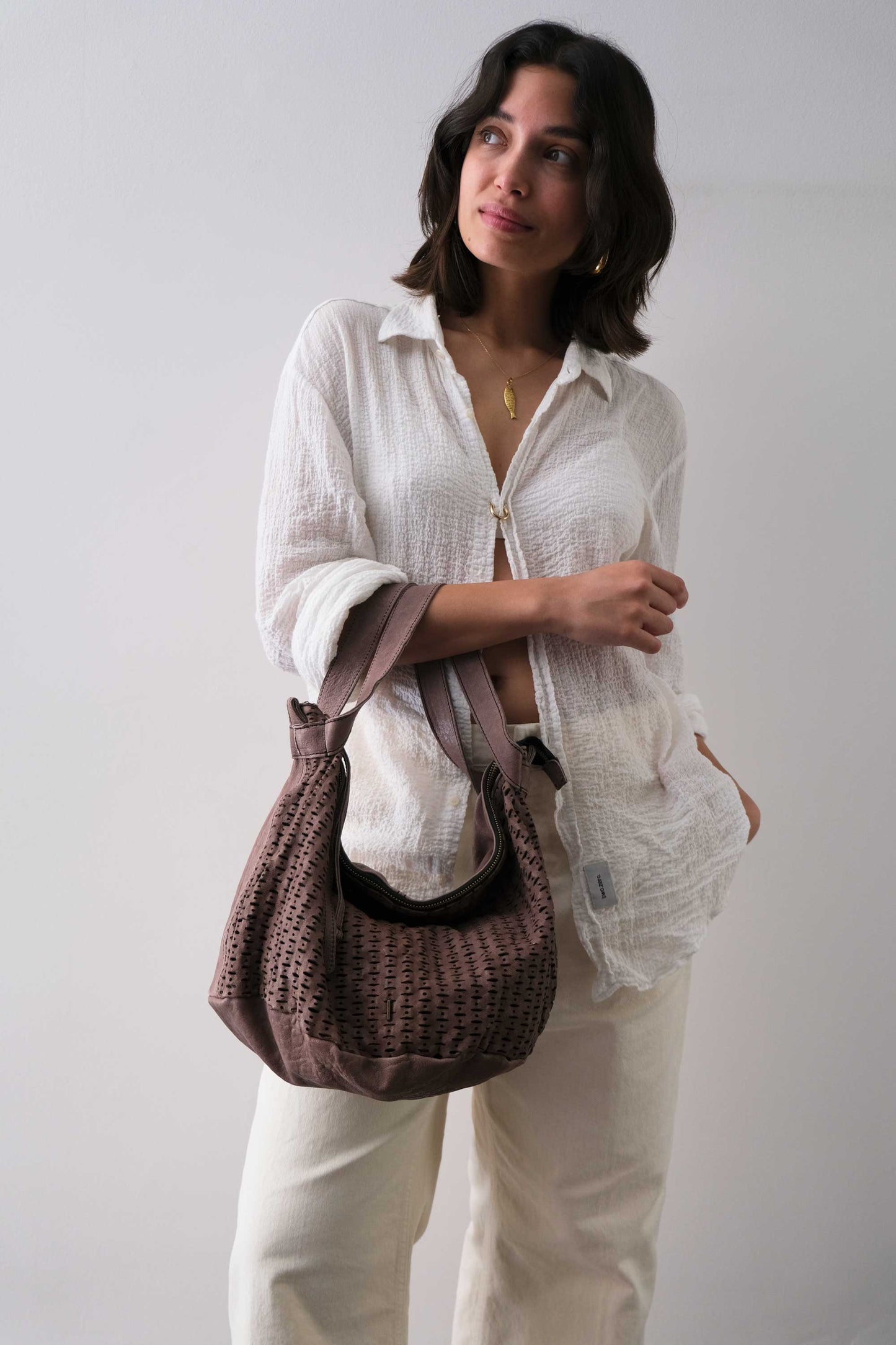 Carola bag in taupe perforated giunco soft leather - Made in Italy -