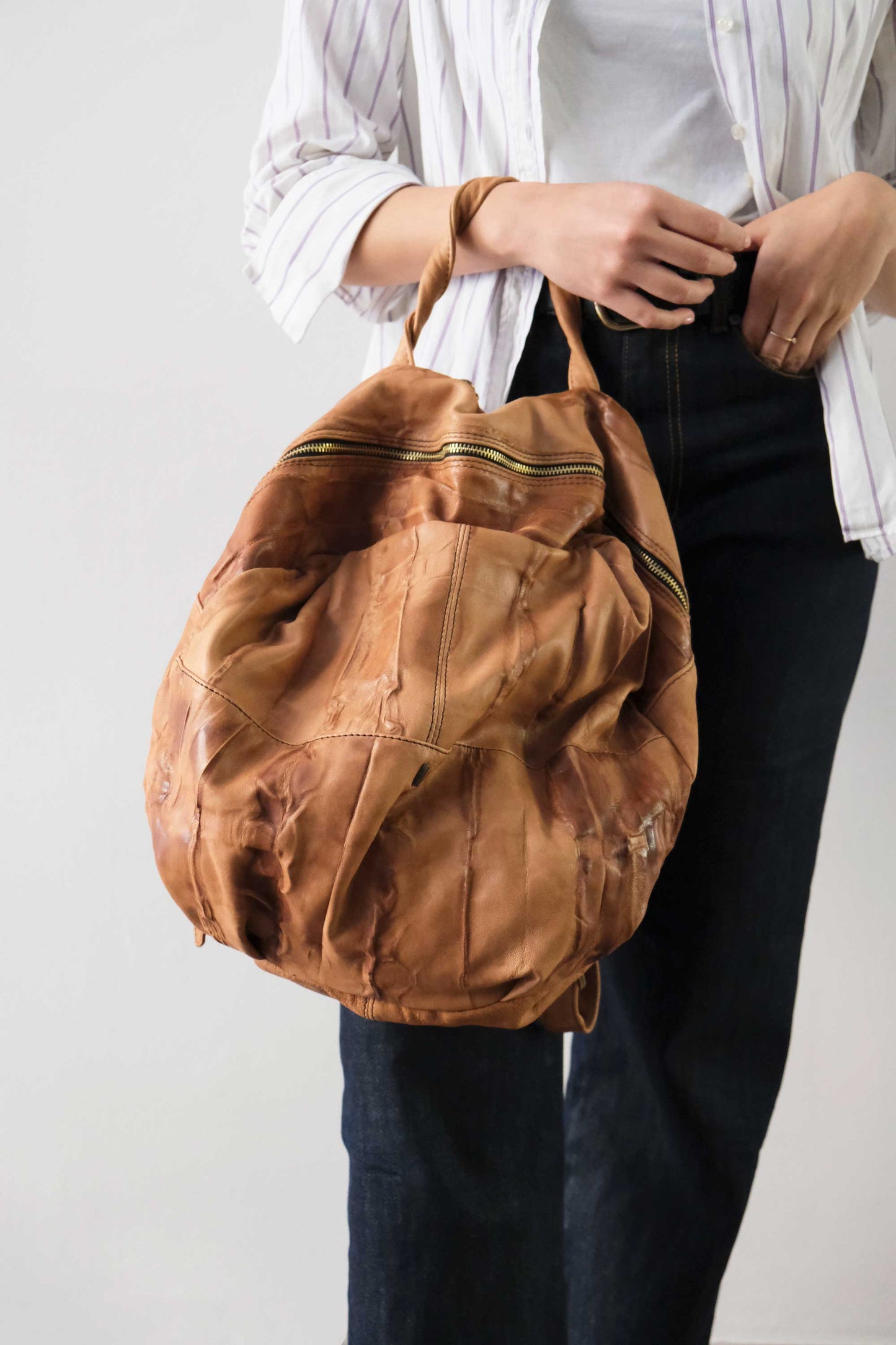 Nerina backpack in leather cognac washed and soft lomè nappa leather - Made in Italy -