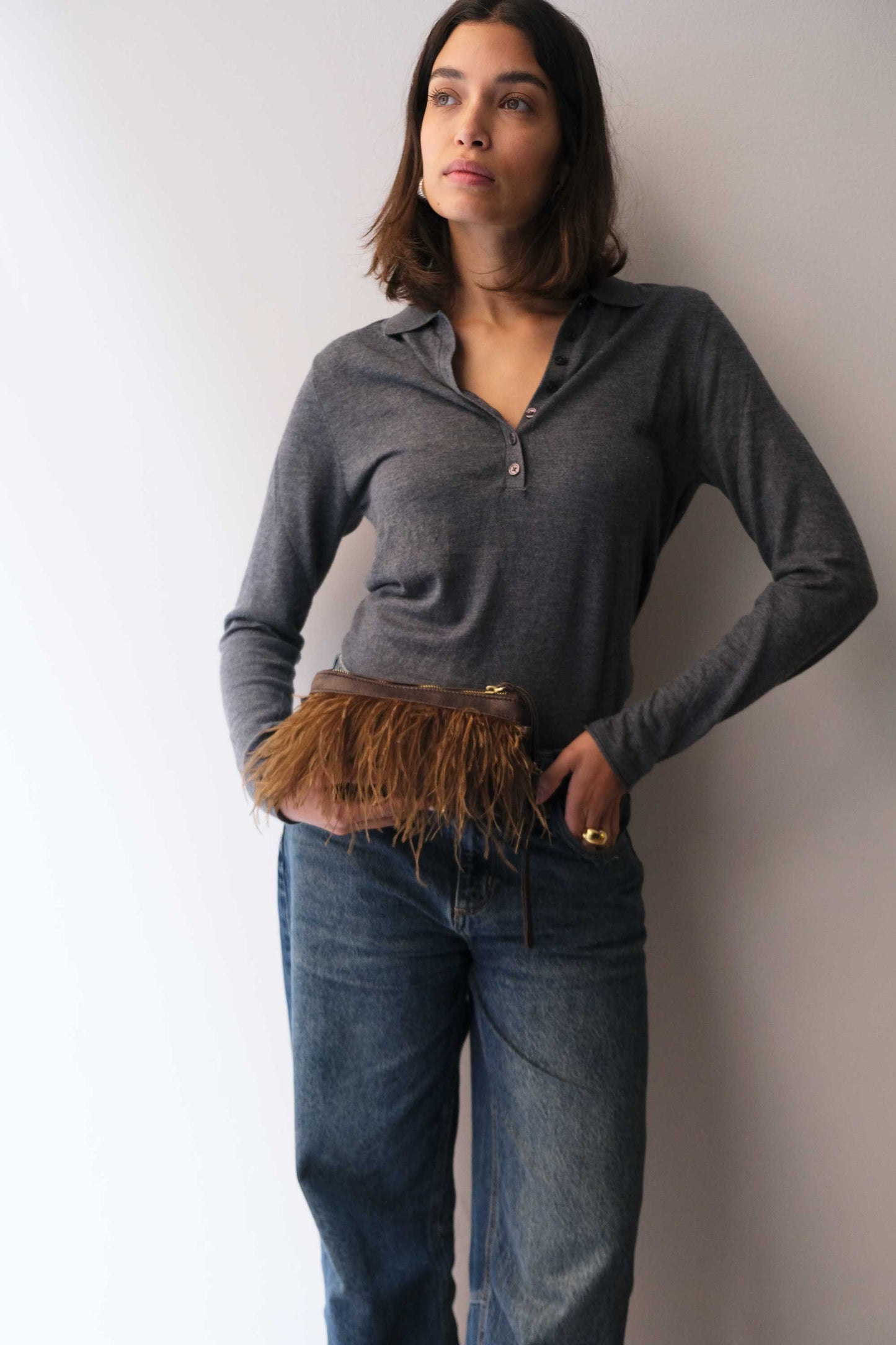 Olga pochette in brown nappa leather with moss feathers - Made in Italy -