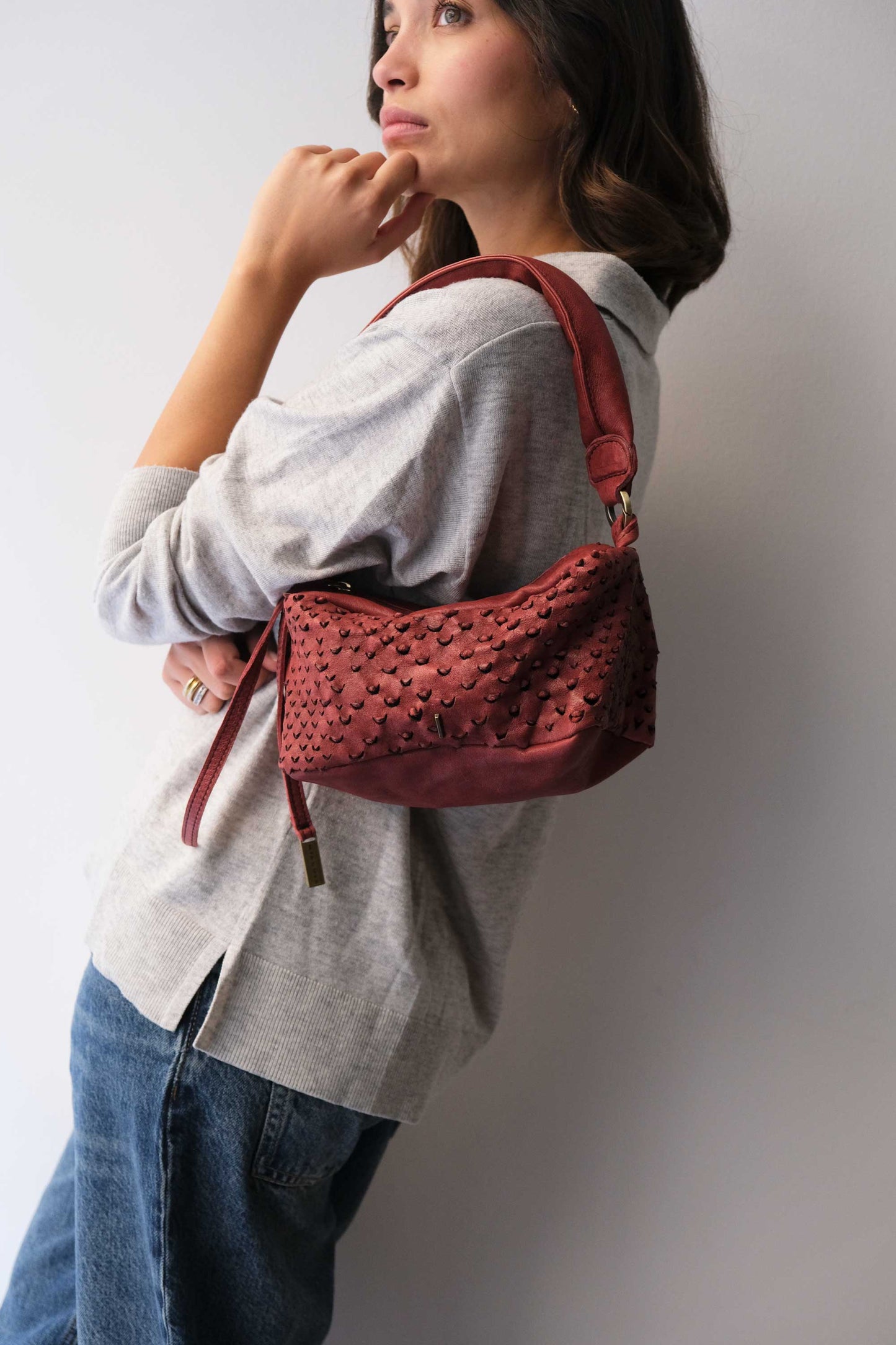 Bobo mini in cherry perforated nappa vegetable leather - Made in Italy -