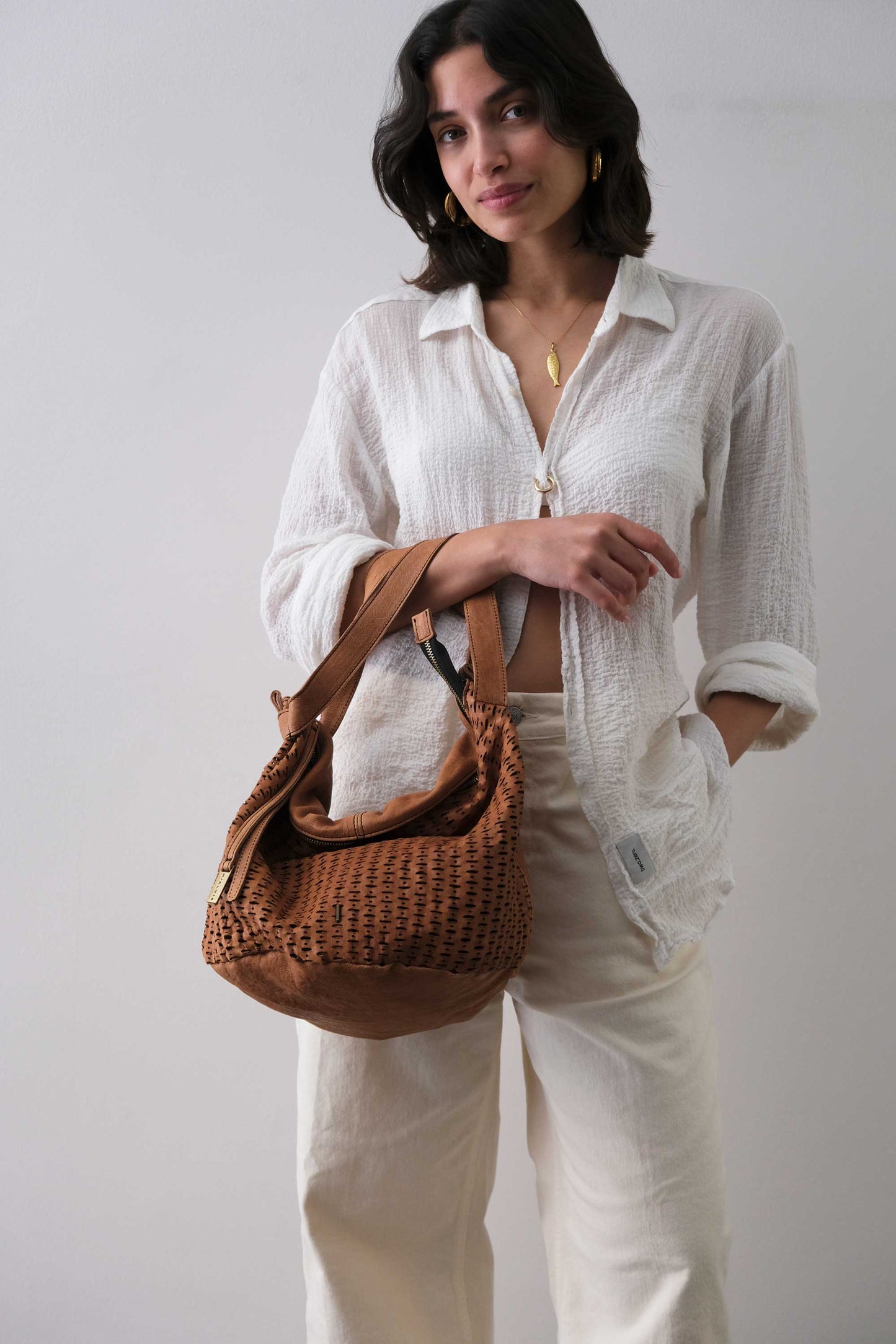 Carola bag cognac in morbida nappa traforata giunco - Made in Italy -