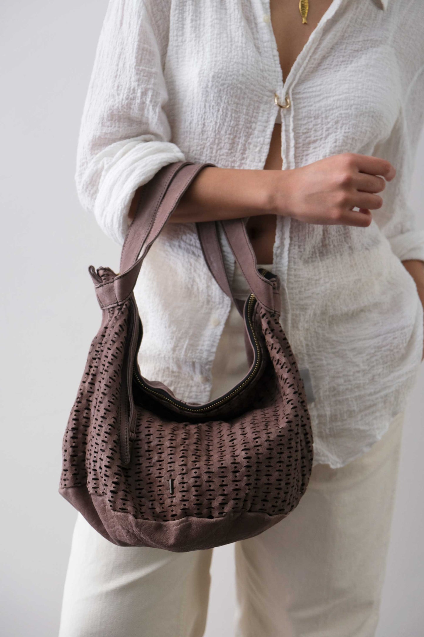 Carola bag in taupe perforated giunco soft leather - Made in Italy -