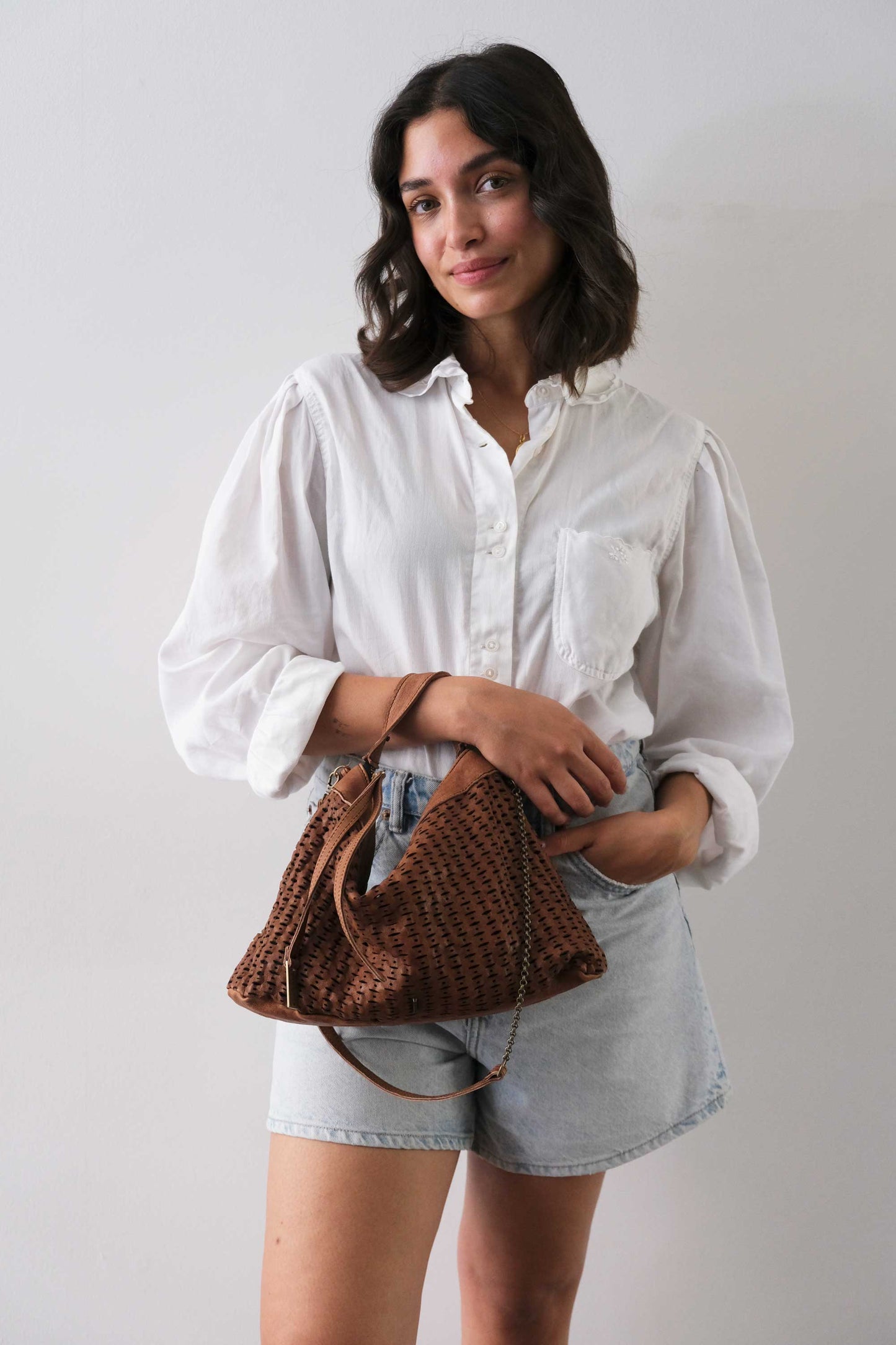 Chicca Media hobo bag in chocolate perforated giunco nappa - Made in Italy -