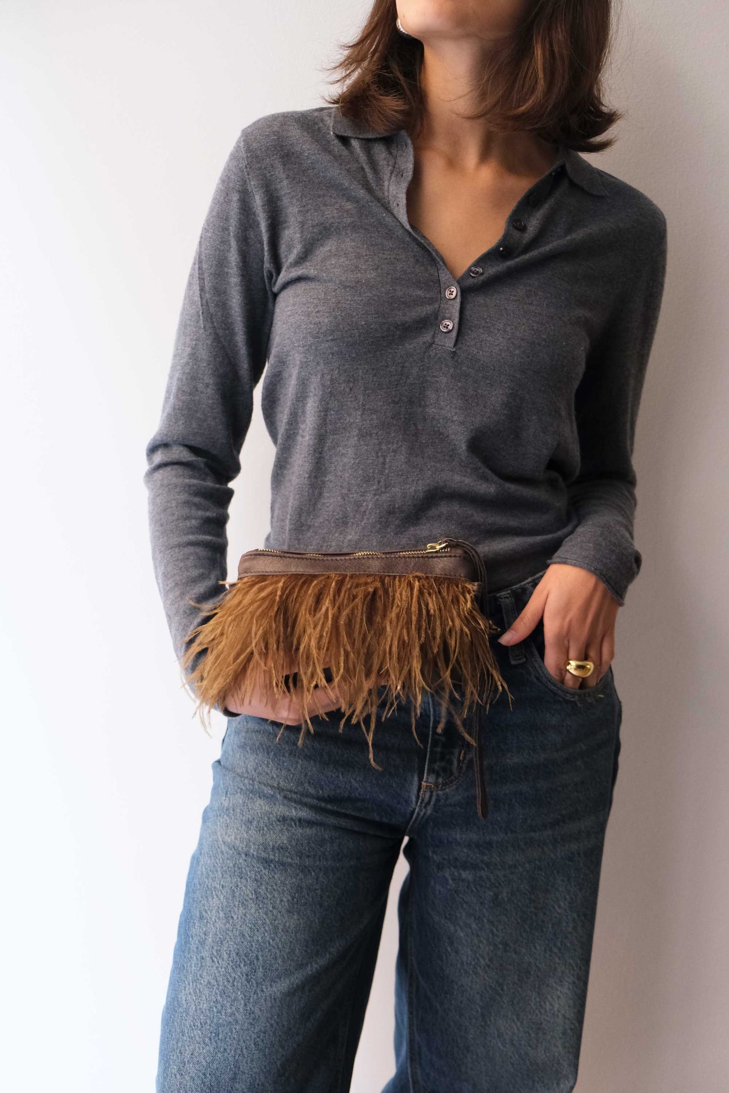 Olga pochette in brown nappa leather with moss feathers - Made in Italy -