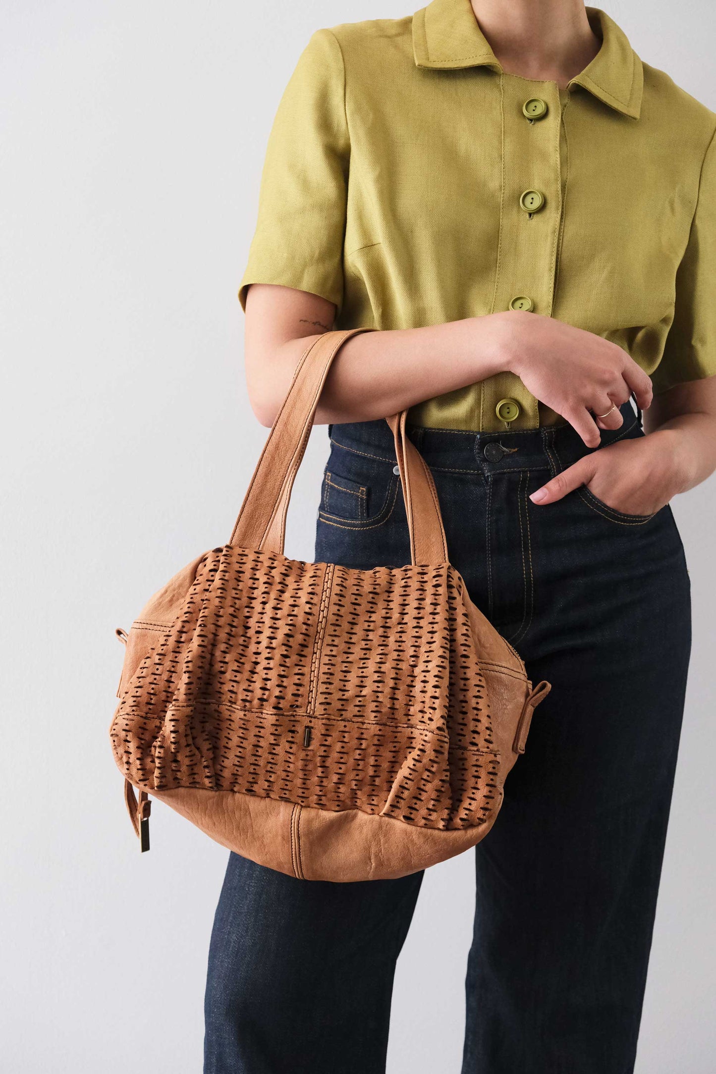 Betty tote nappa laserata giunco cognac - Made in Italy -