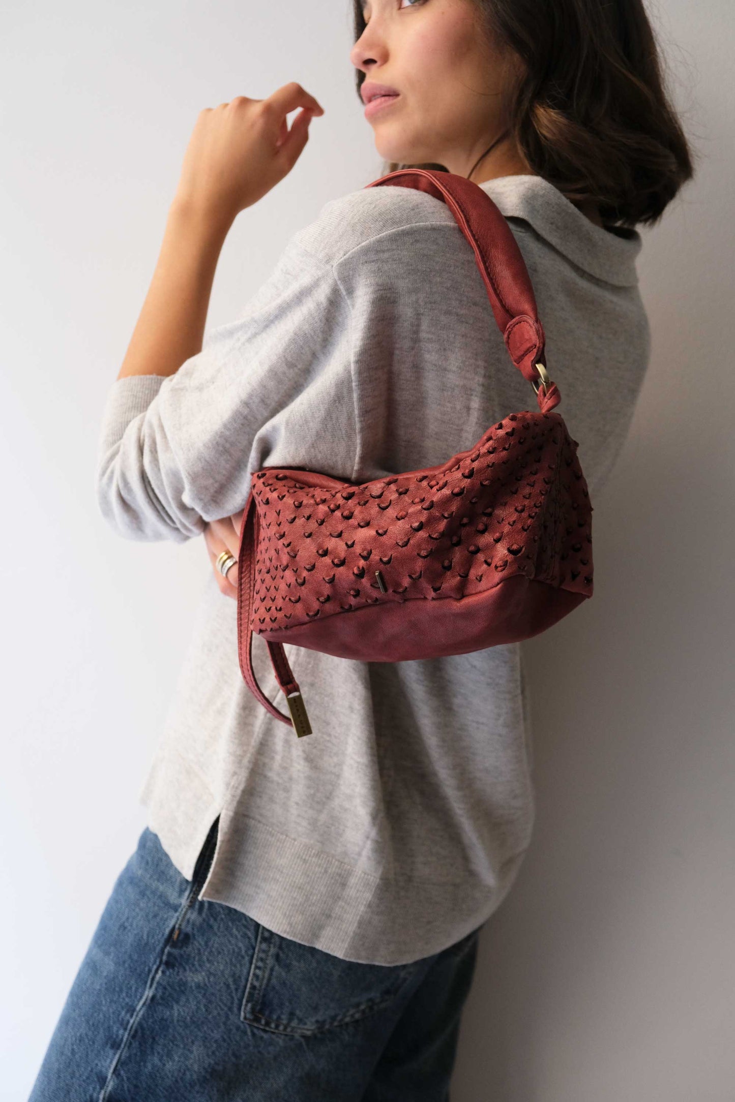 Bobo mini in cherry perforated nappa vegetable leather - Made in Italy -