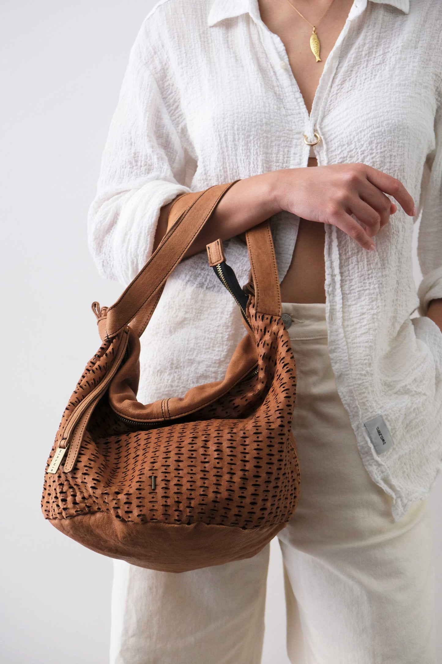 Carola bag cognac in morbida nappa traforata giunco - Made in Italy -