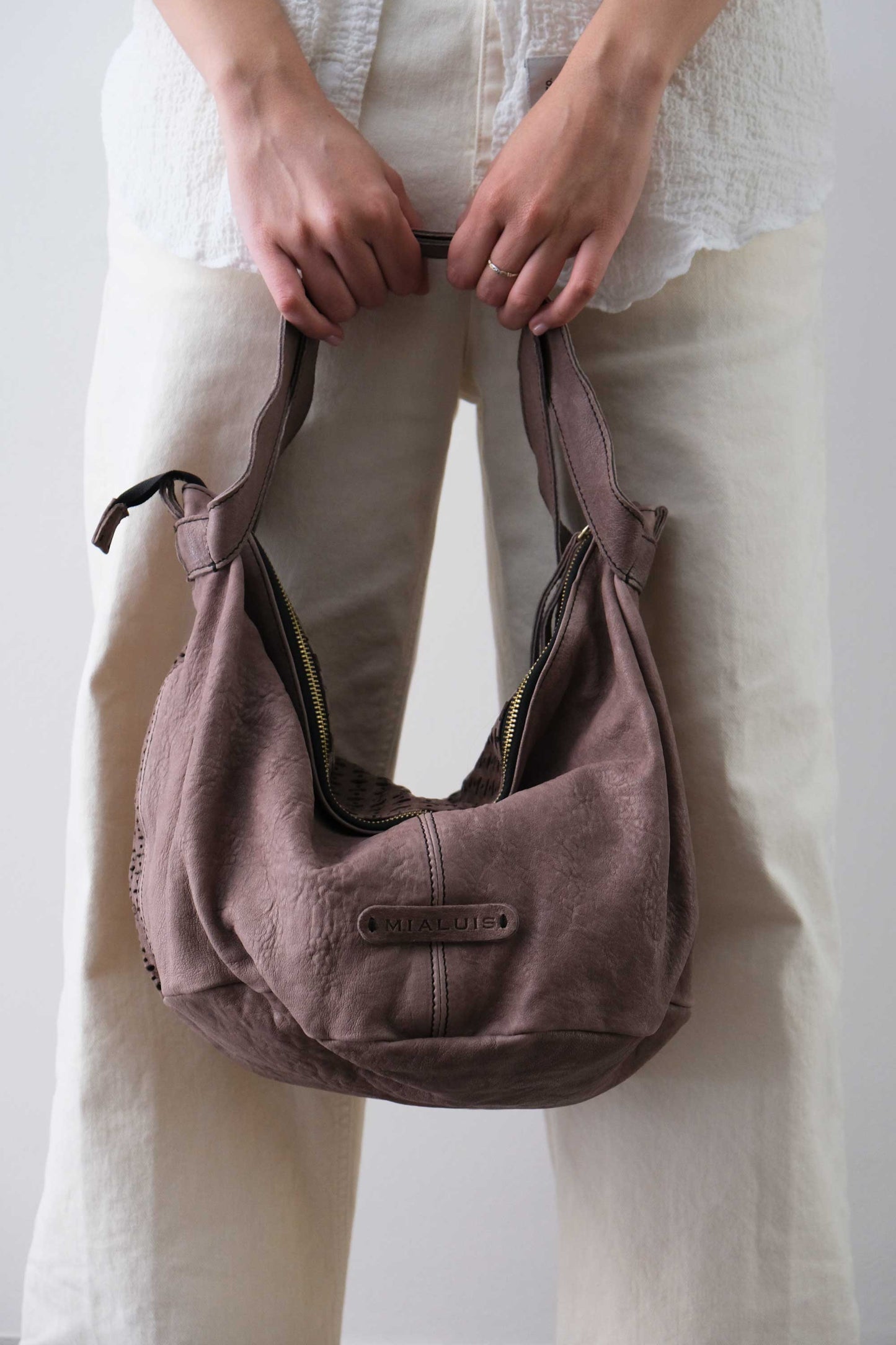 Carola bag in taupe perforated giunco soft leather - Made in Italy -