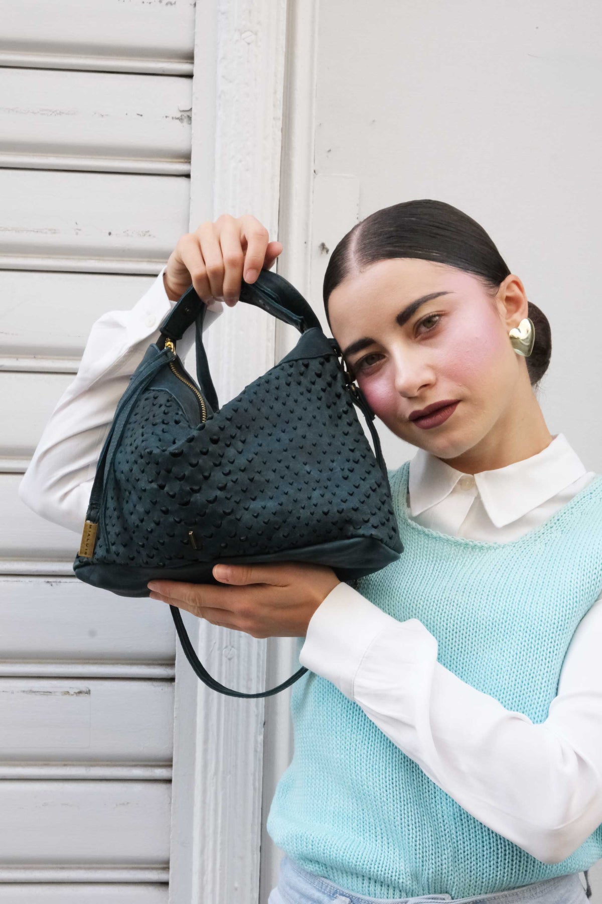 Chicca Media hobo bag in teal perforated nappa - Made in Italy -