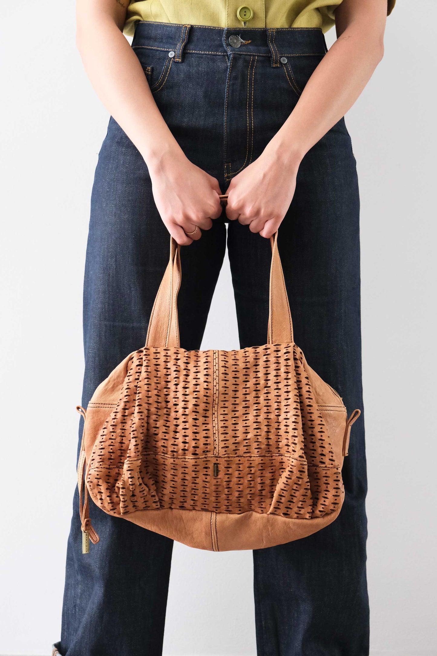 Betty tote nappa laserata giunco cognac - Made in Italy -