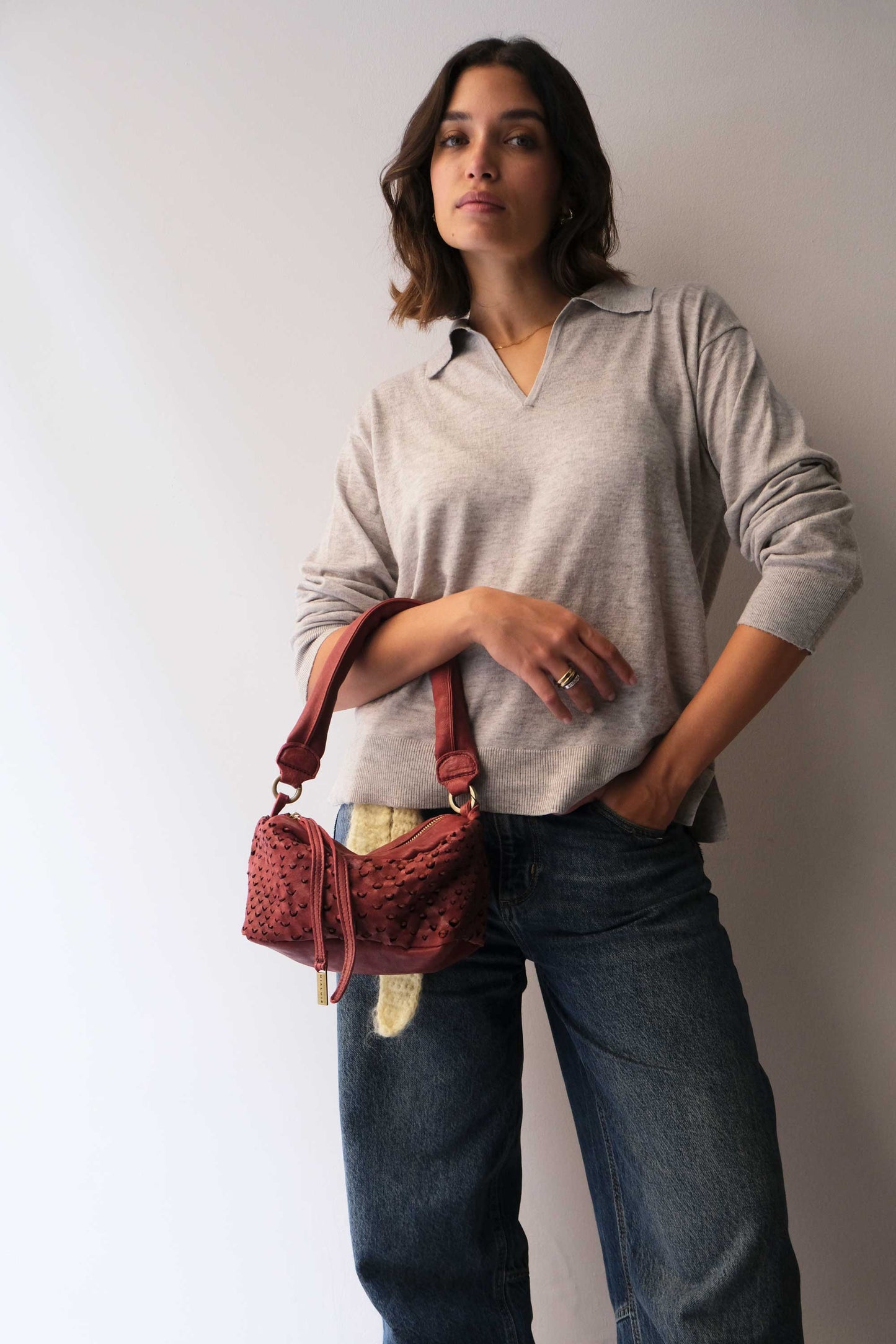 Bobo mini in cherry perforated nappa vegetable leather - Made in Italy -
