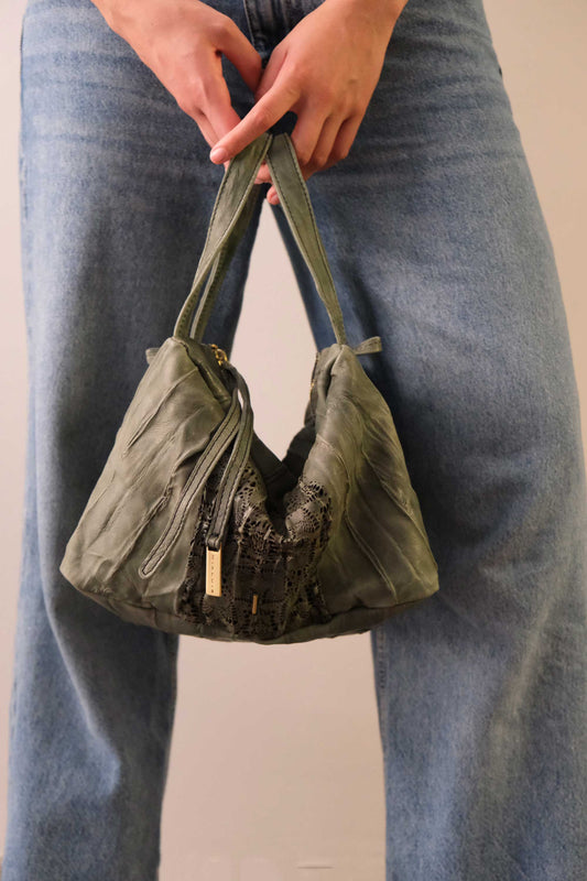 Bobo top handle bag in sage perforated soft leather