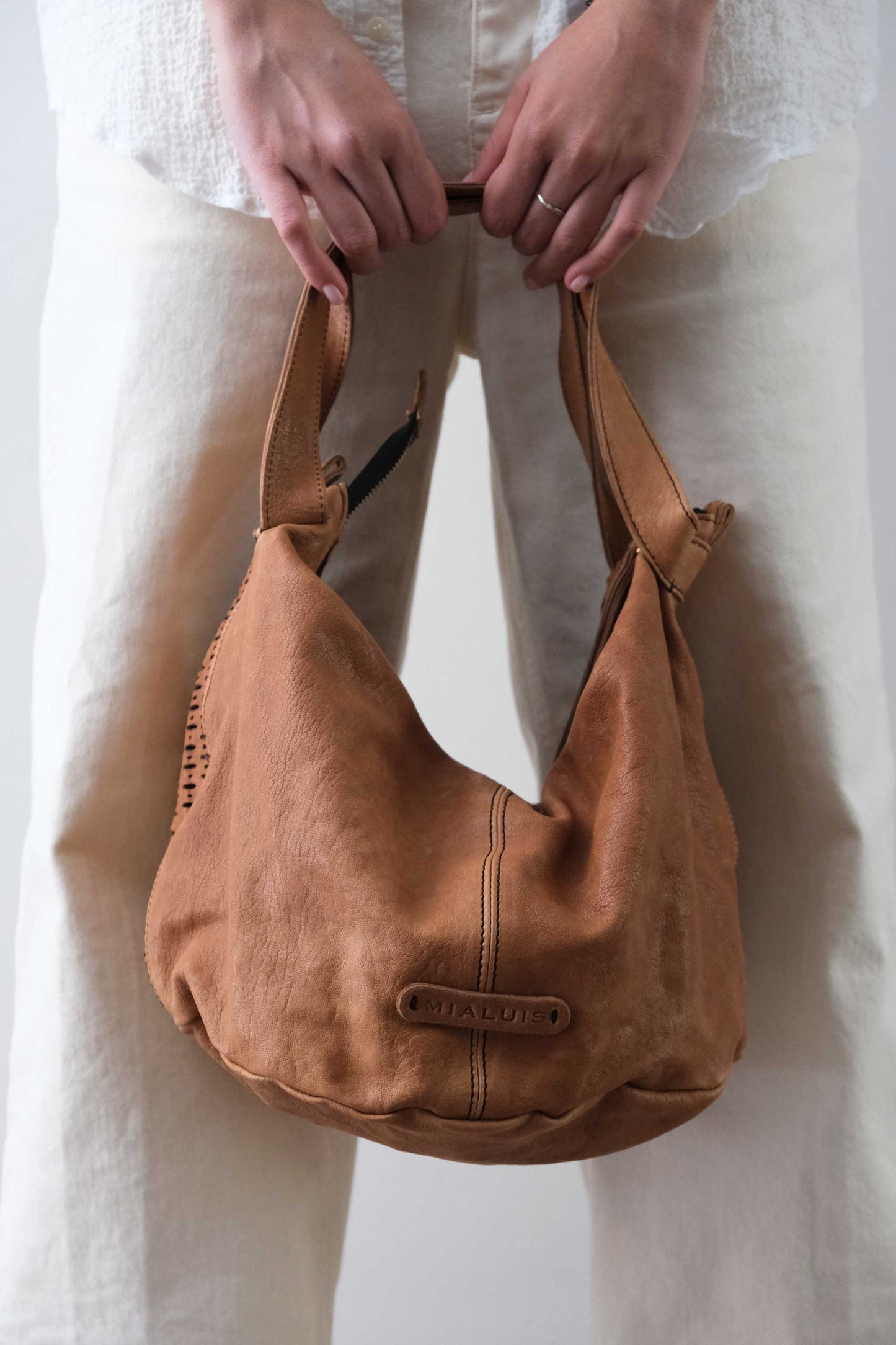 Carola bag cognac in morbida nappa traforata giunco - Made in Italy -