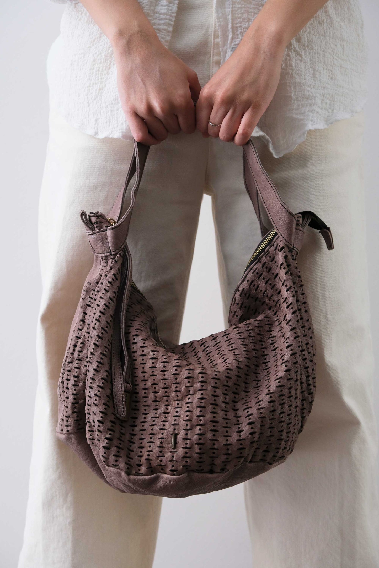 Carola bag in taupe perforated giunco soft leather - Made in Italy -