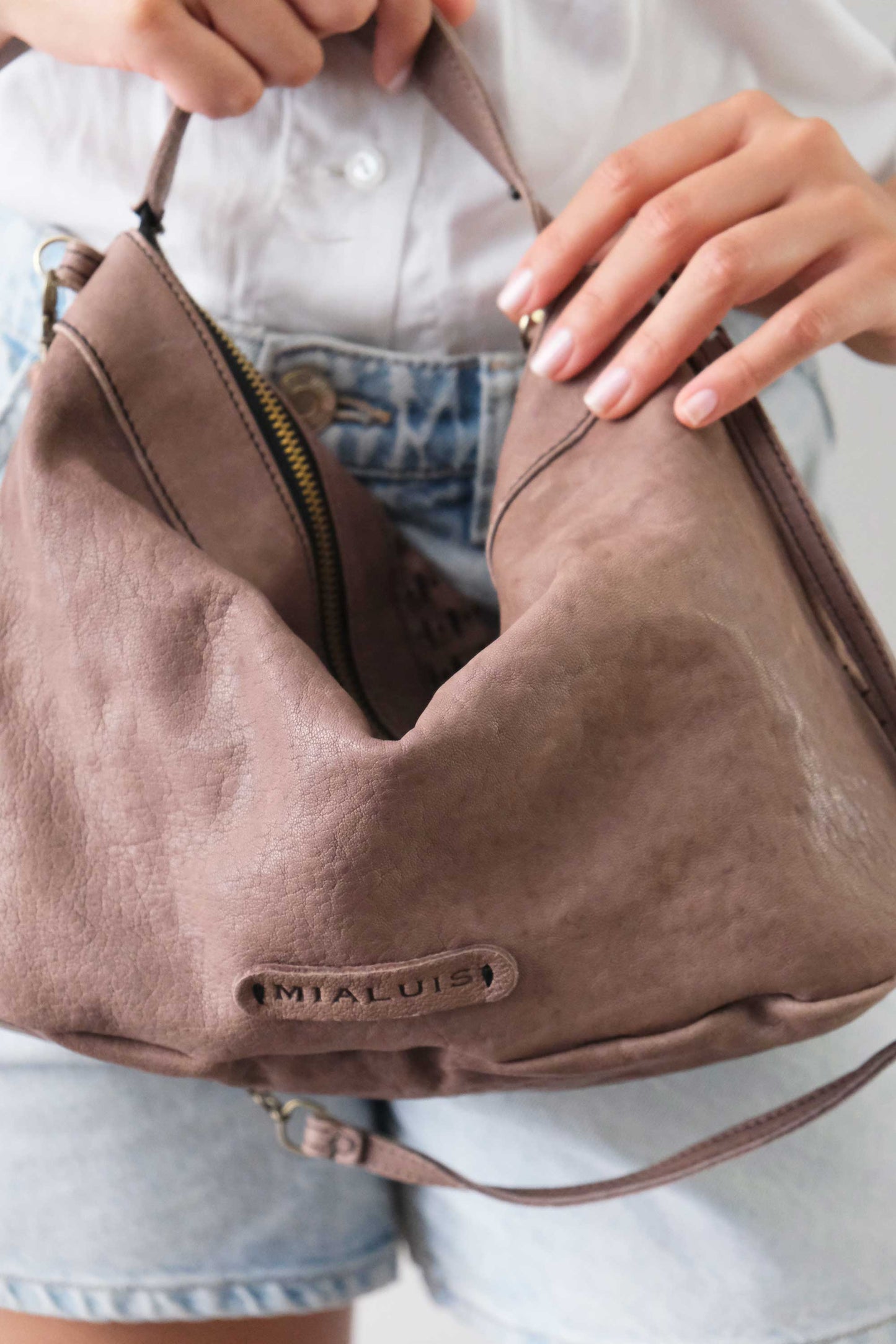 Chicca Media hobo bag in taupe perforated giunco nappa - Made in Italy -