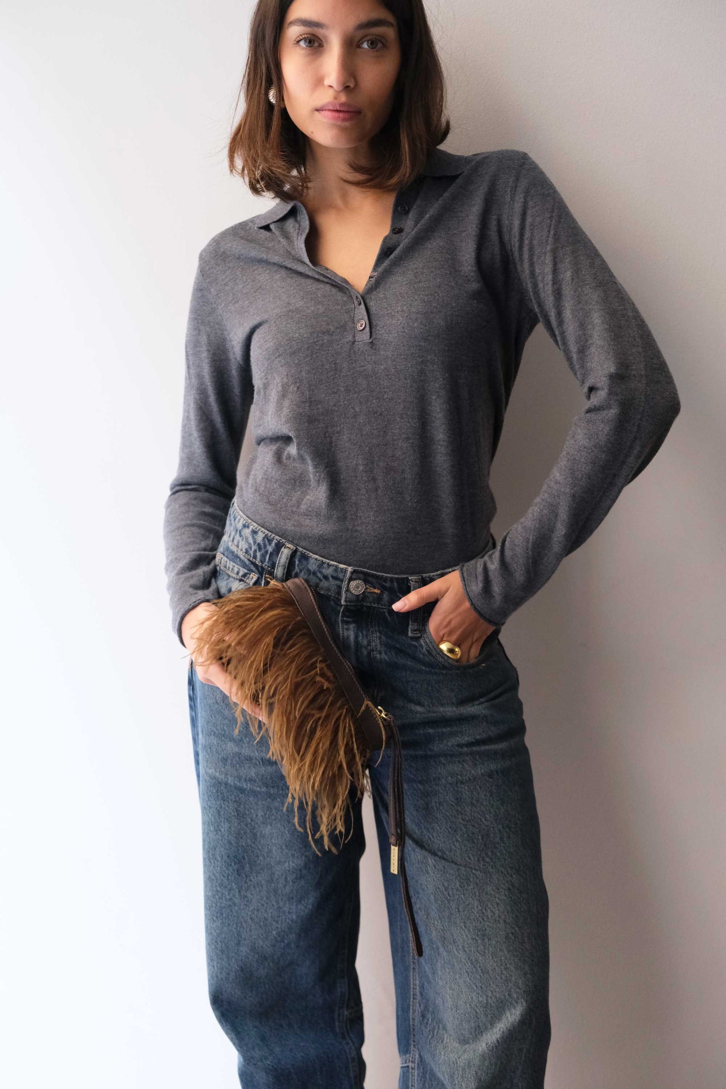 Olga pochette in brown nappa leather with moss feathers - Made in Italy -