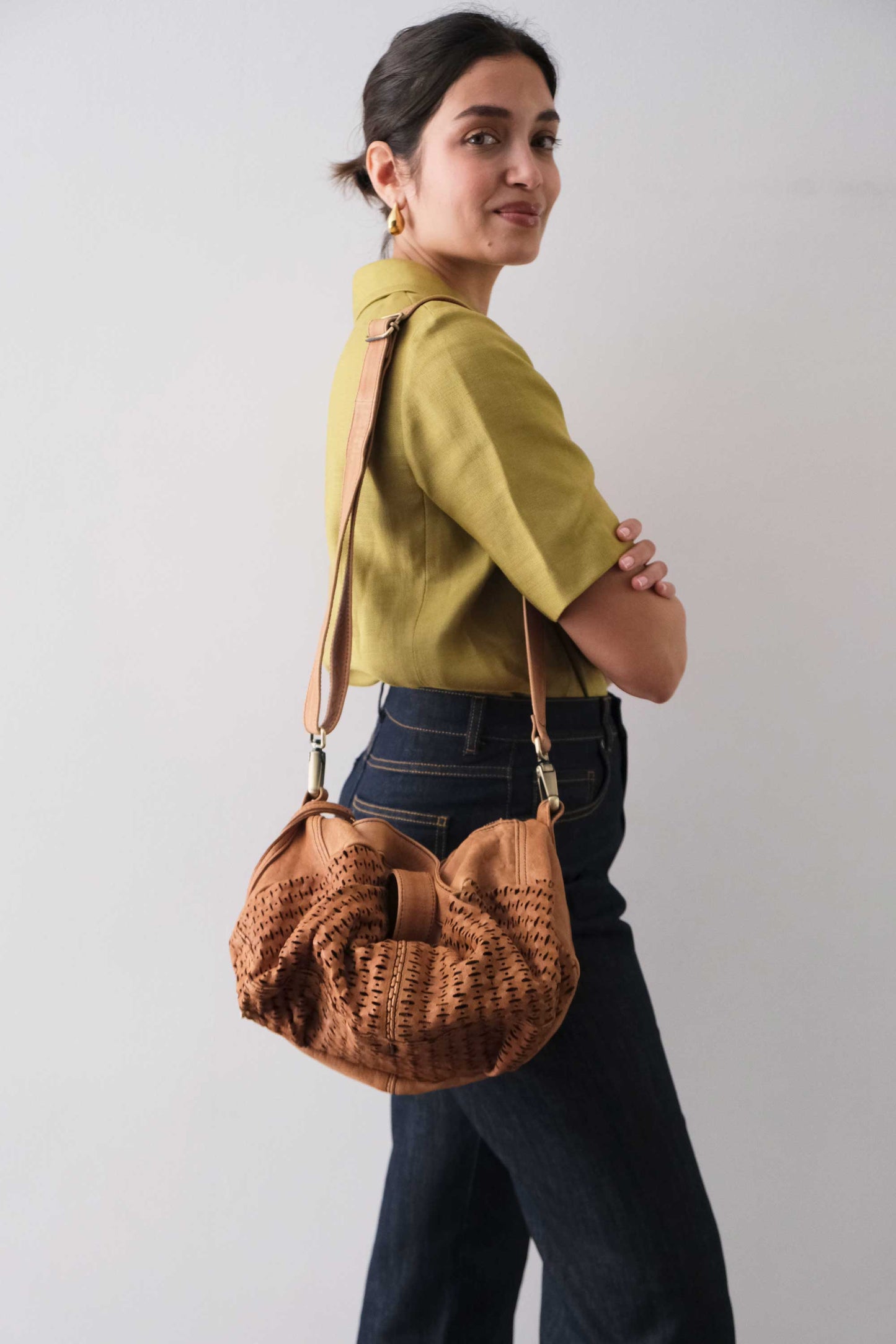 Betty tote nappa laserata giunco cognac - Made in Italy -