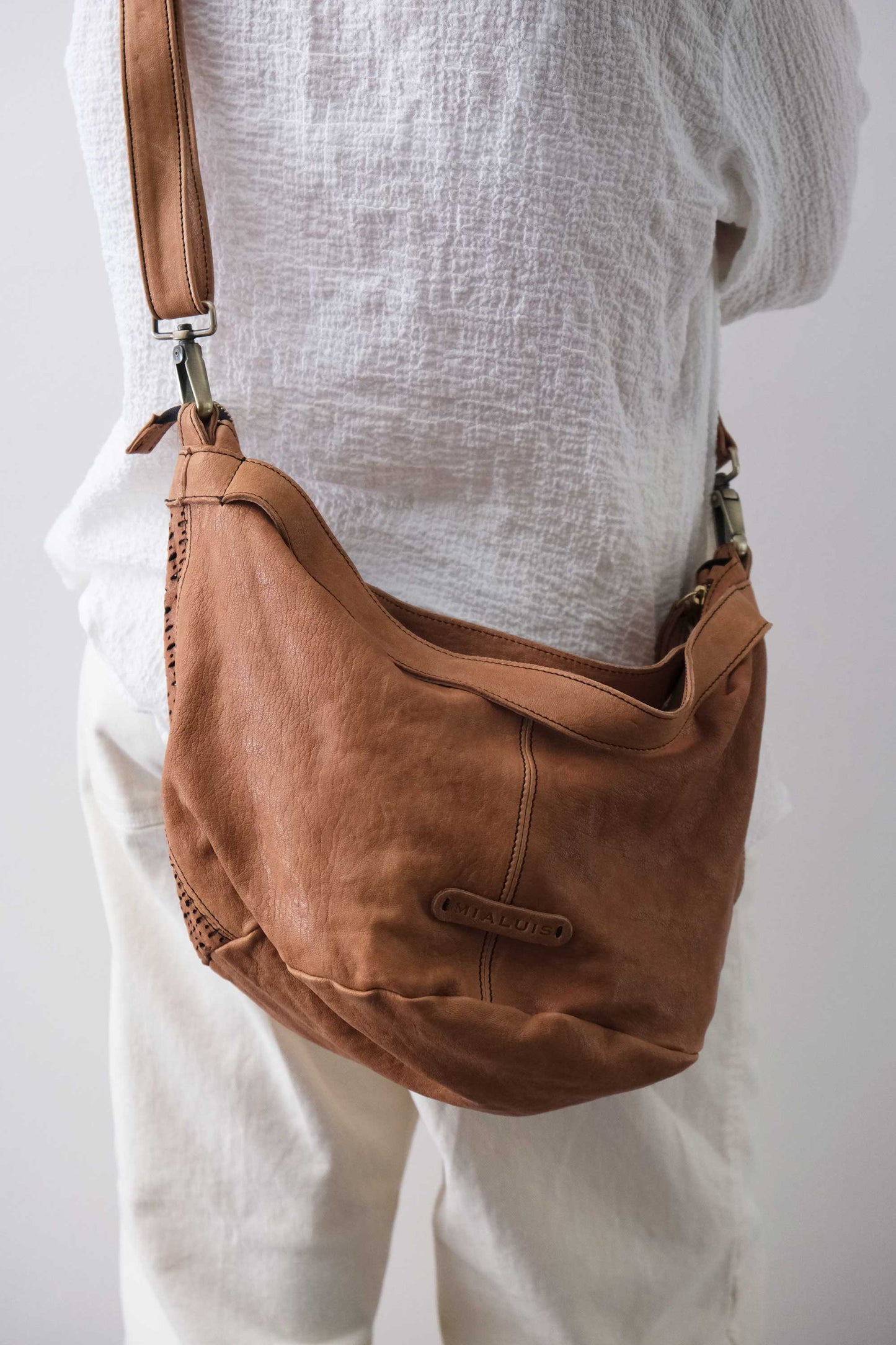 Carola bag cognac in morbida nappa traforata giunco - Made in Italy -