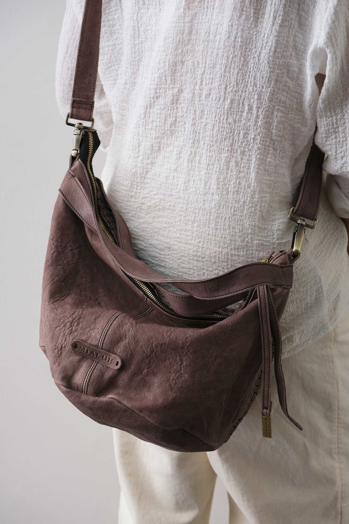 Carola bag in taupe perforated giunco soft leather - Made in Italy -