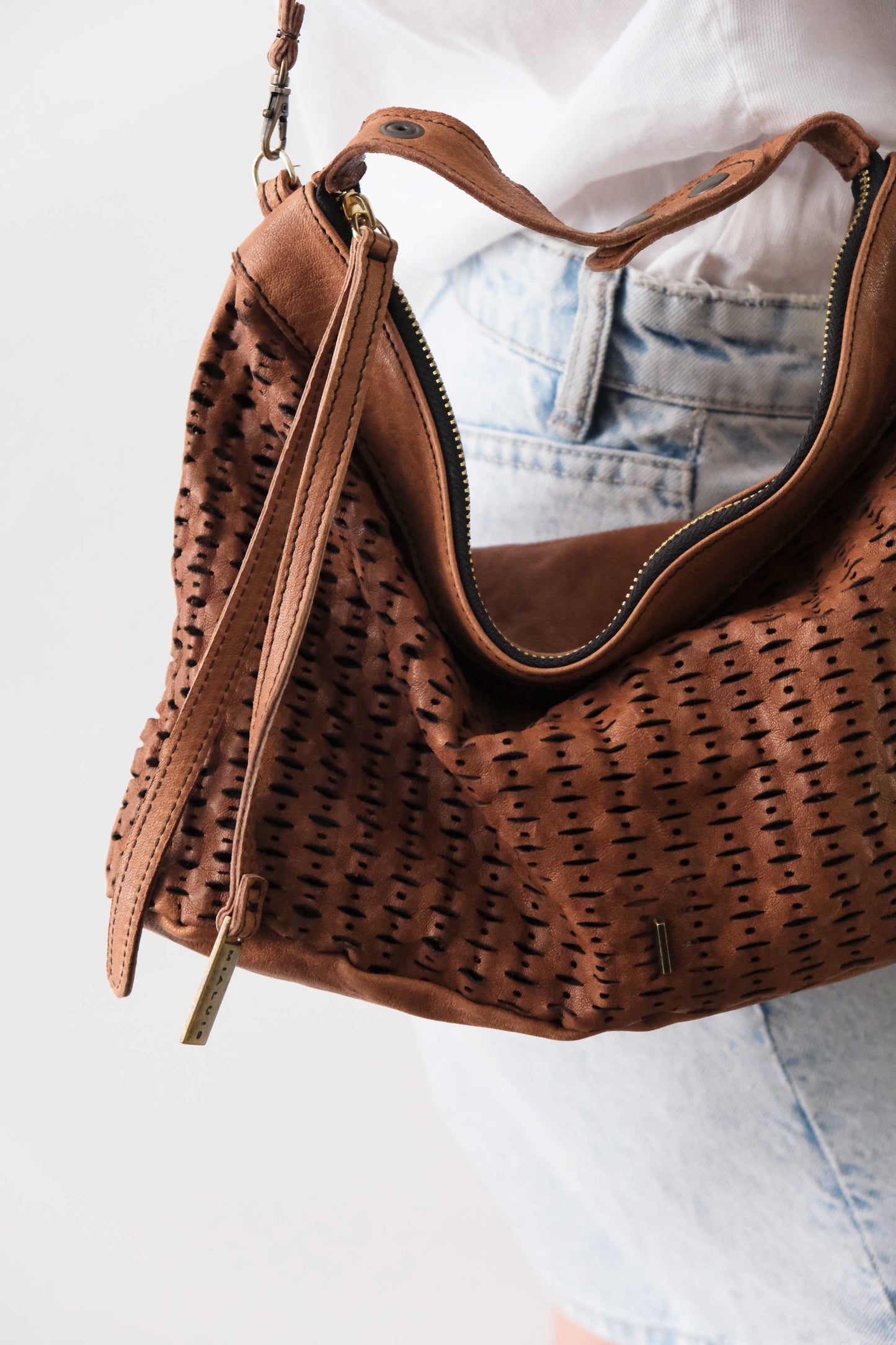 Chicca Media hobo bag in chocolate perforated giunco nappa - Made in Italy -