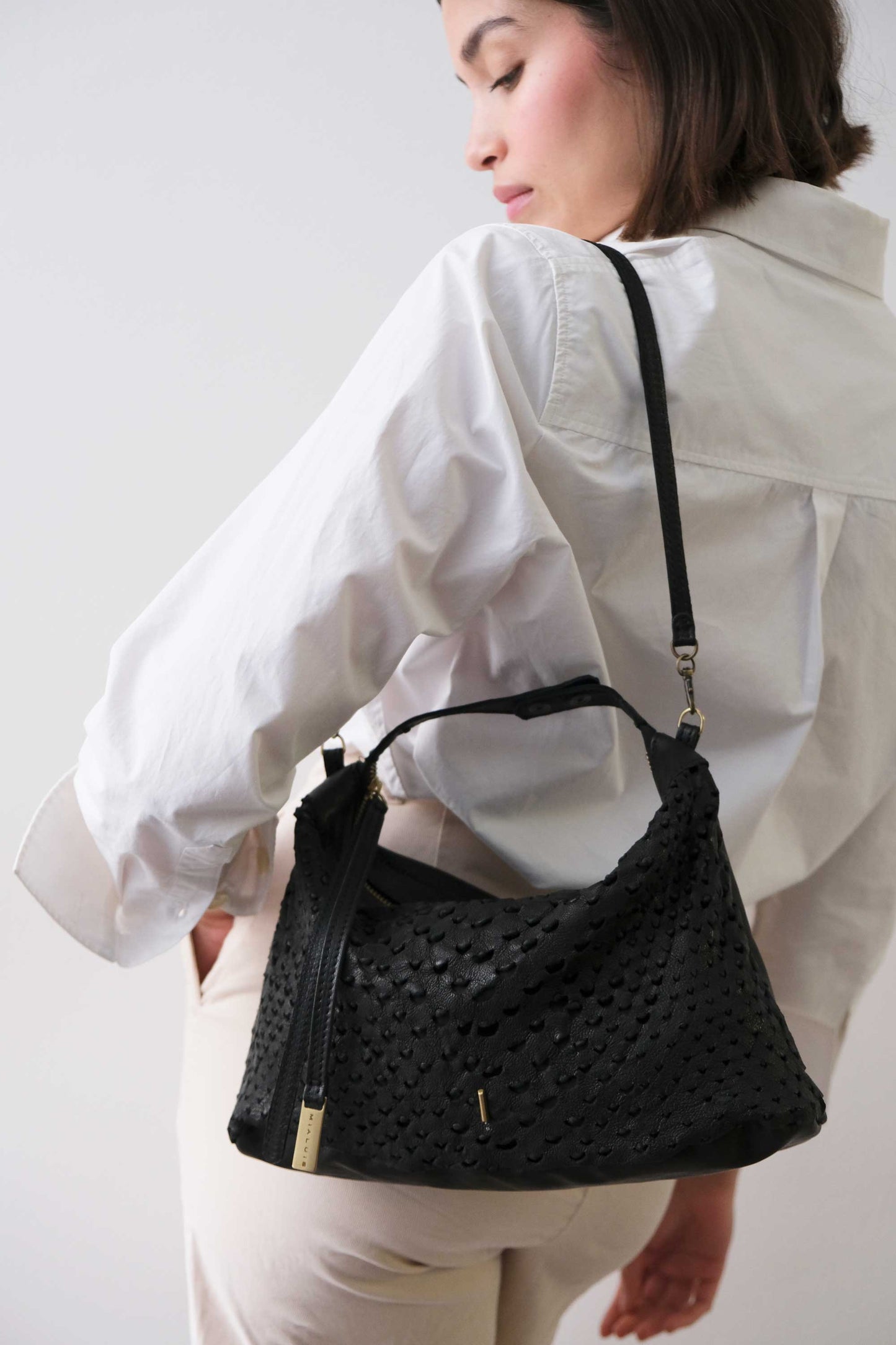 Chicca Media hobo bag in black perforated nappa - Made in Italy -