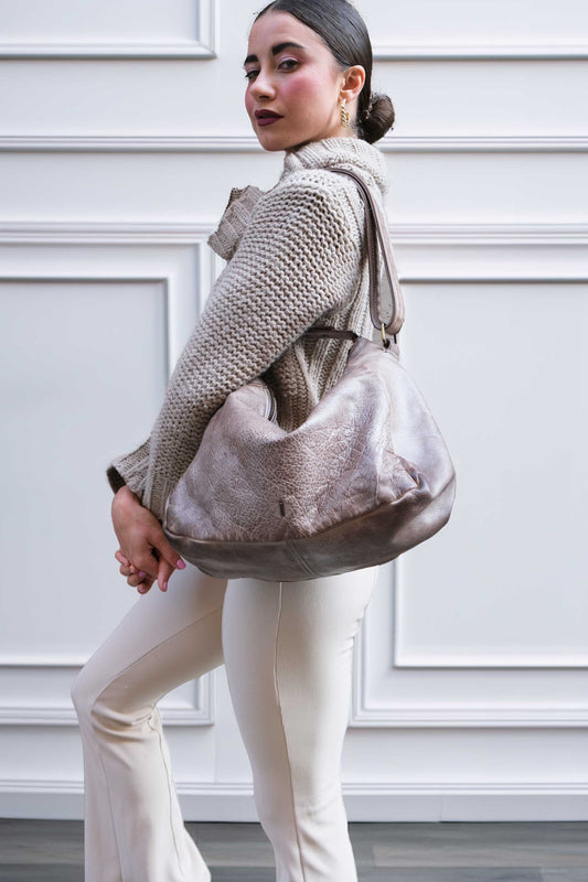 Chicca hobo bag in taupe turner calf soft leather - Made in Italy -