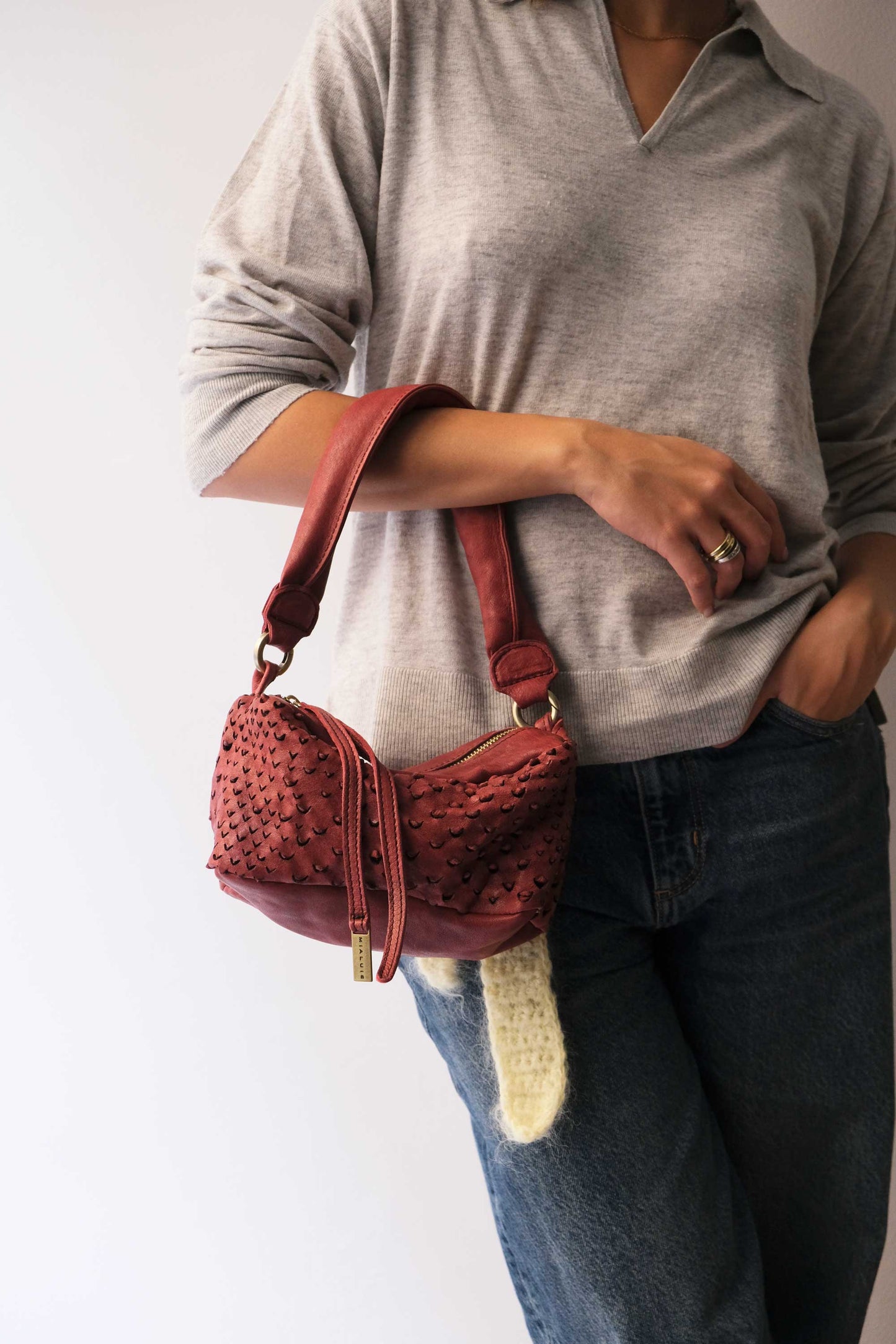 Bobo mini in cherry perforated nappa vegetable leather - Made in Italy -