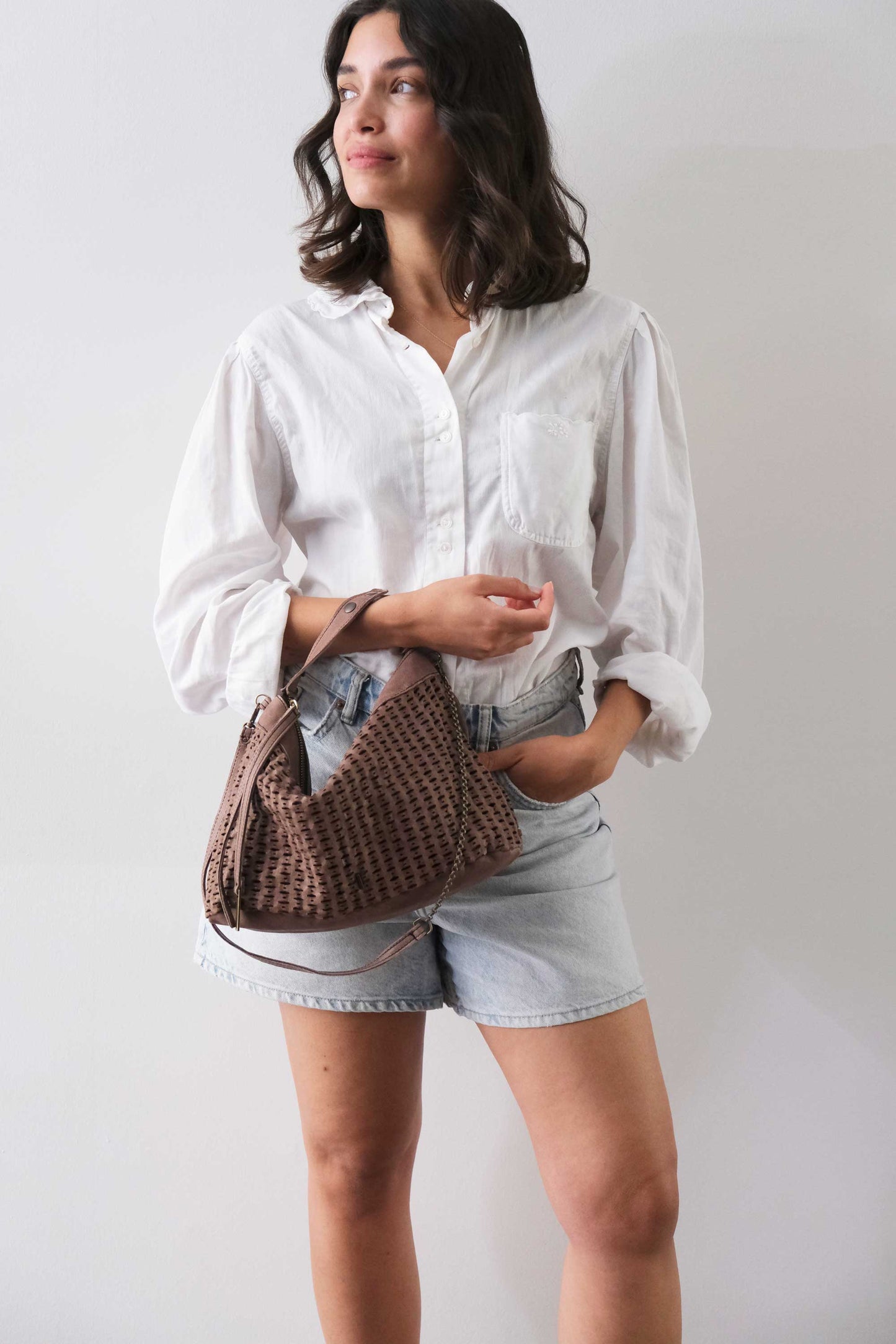 Chicca Media hobo bag in taupe perforated giunco nappa - Made in Italy -