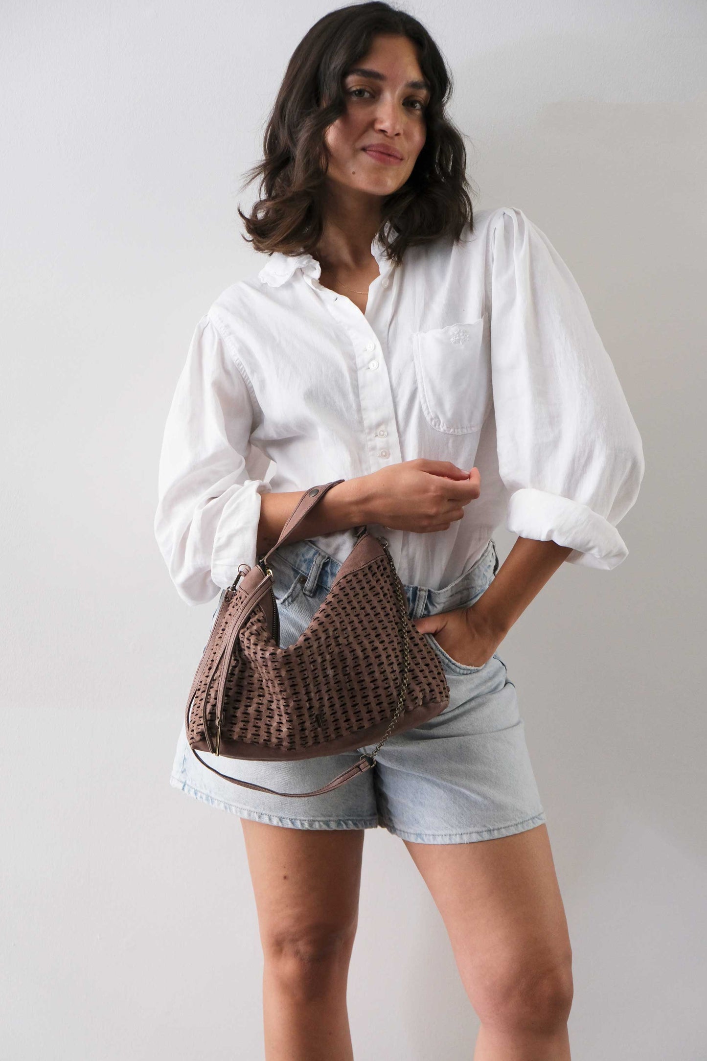 Chicca Media hobo bag in taupe perforated giunco nappa - Made in Italy -