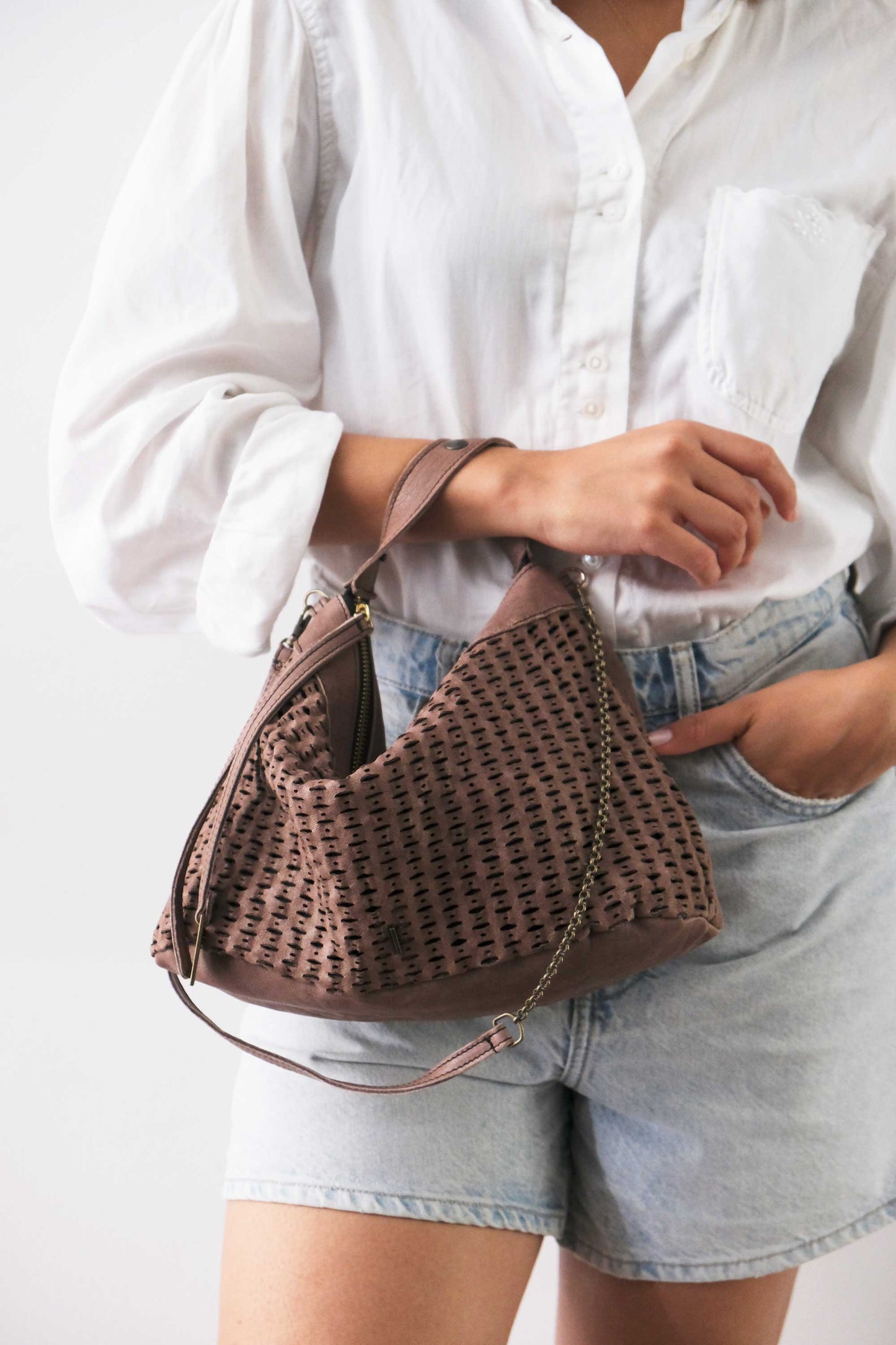 Chicca Media hobo bag in taupe perforated giunco nappa - Made in Italy -