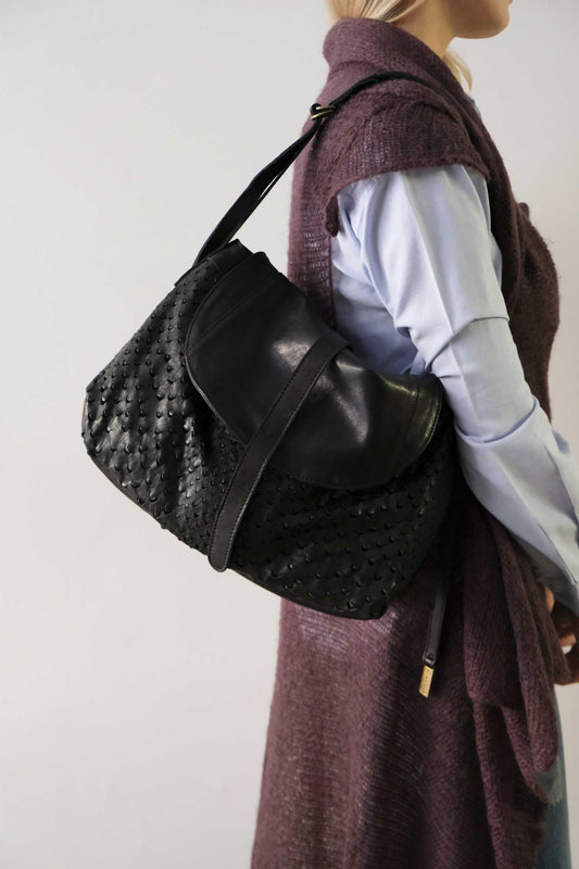 Do borsa a spalla in pelle traforata nera - Made in Italy -