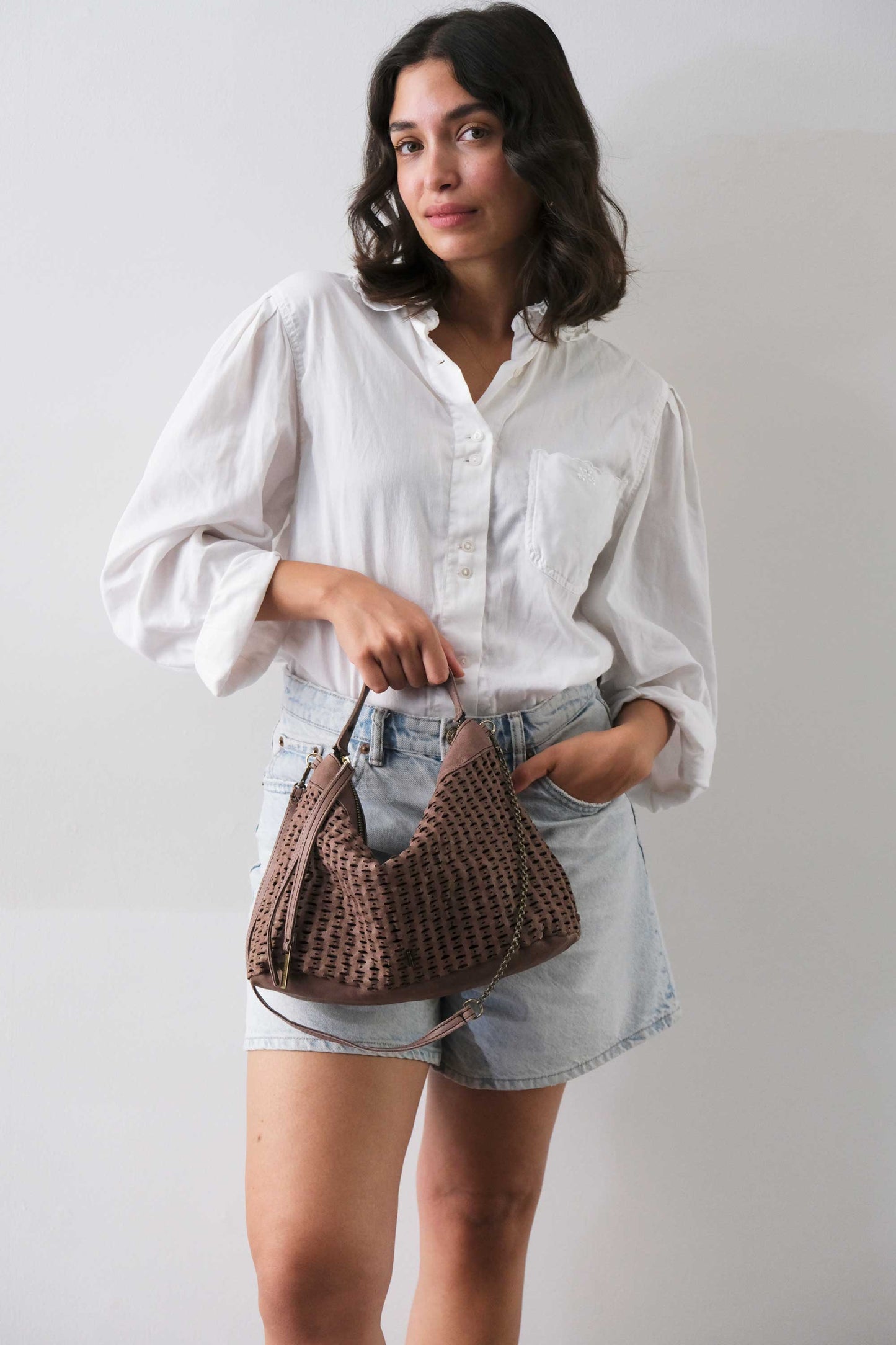 Chicca Media hobo bag in taupe perforated giunco nappa - Made in Italy -