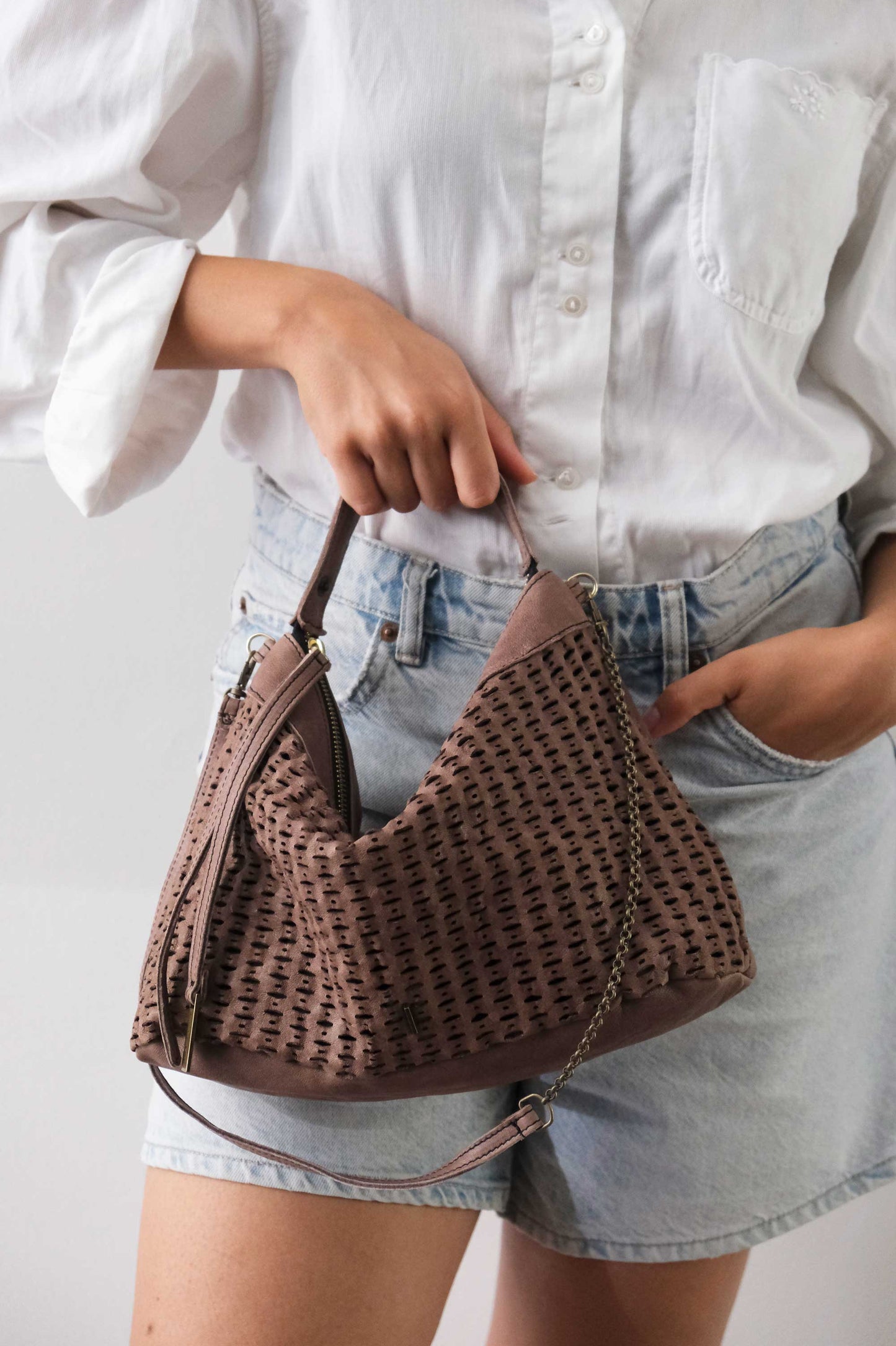 Chicca Media hobo bag in taupe perforated giunco nappa - Made in Italy -