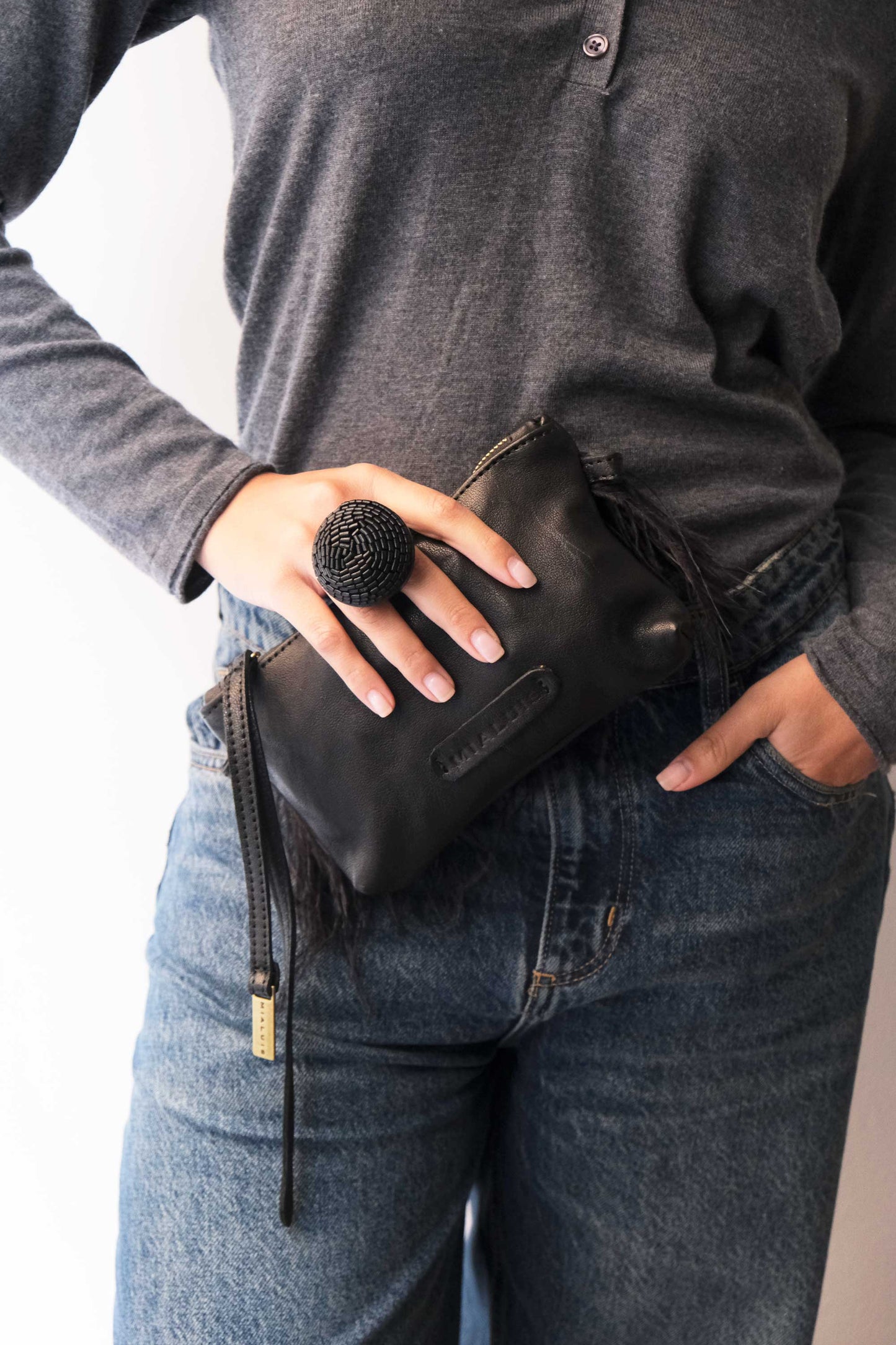 Gabrielle black leather ring - Made in Italy -