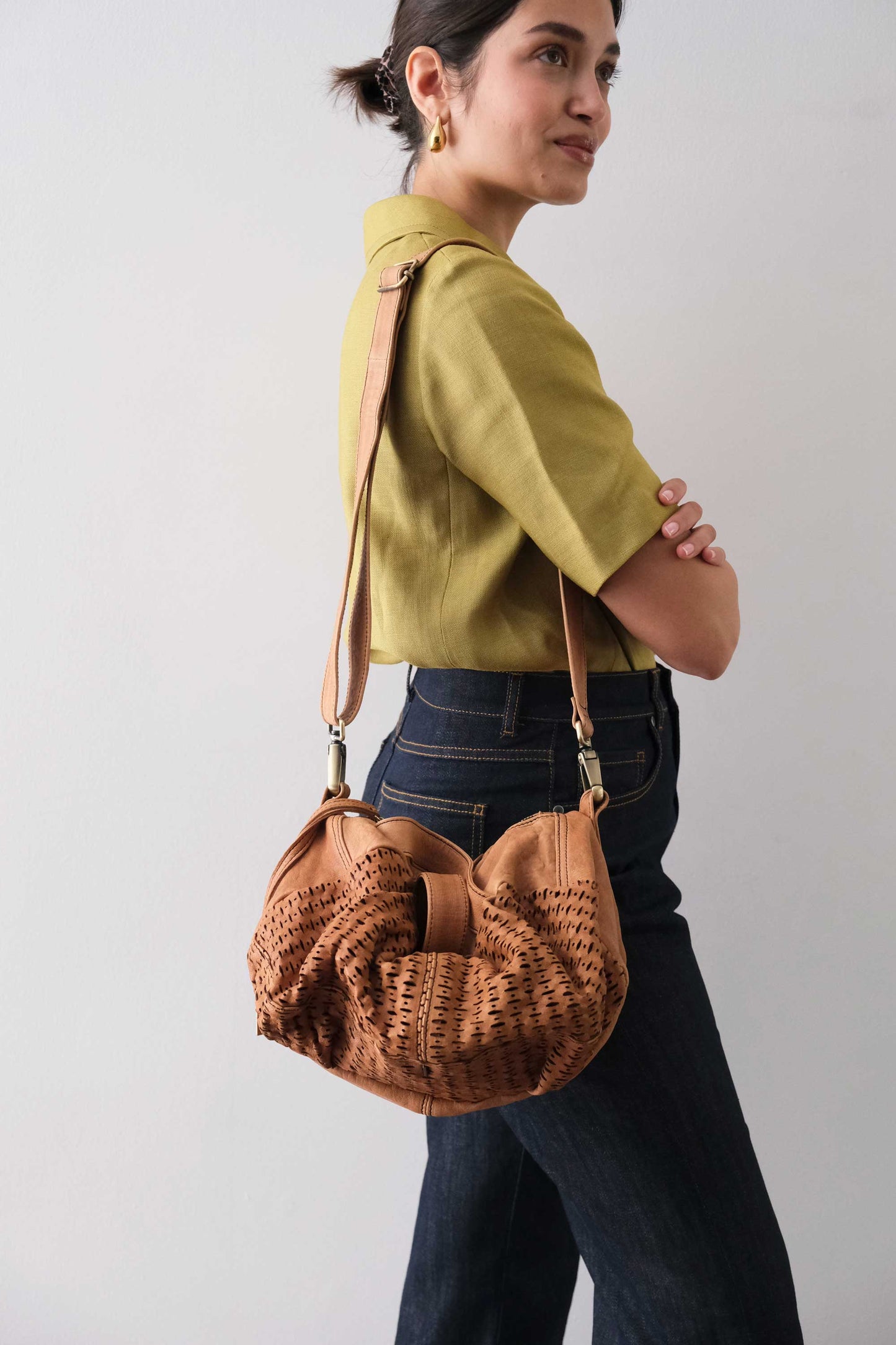 Betty tote nappa laserata giunco cognac - Made in Italy -