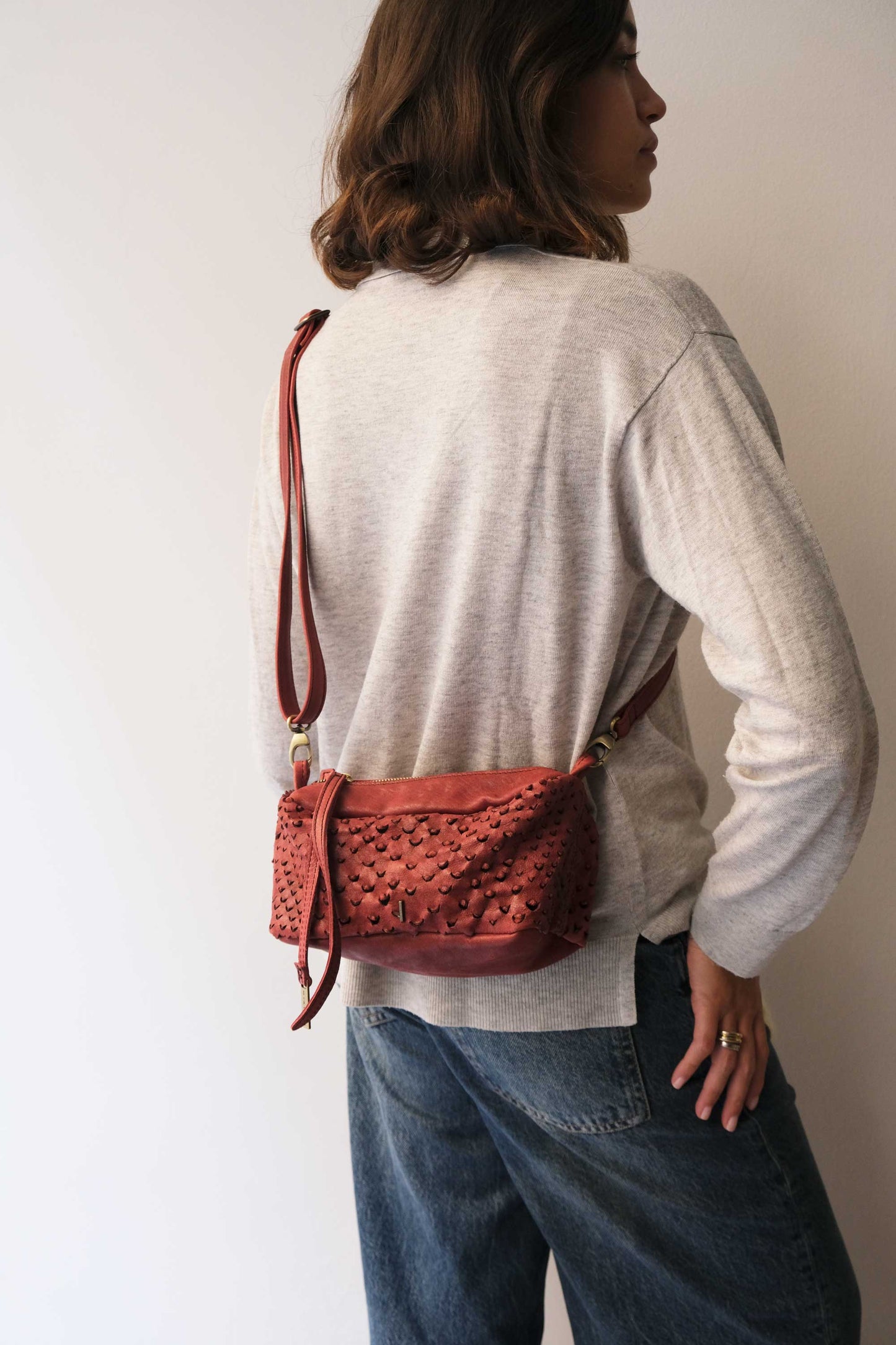 Bobo mini in cherry perforated nappa vegetable leather - Made in Italy -