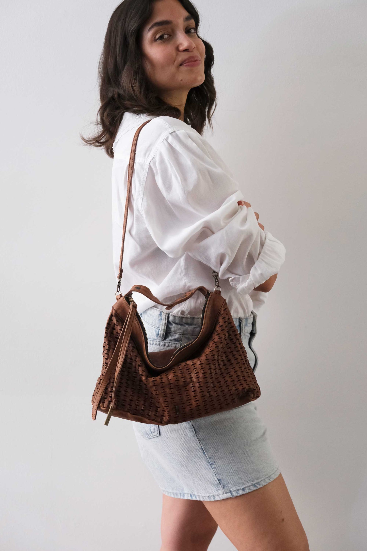 Chicca Media hobo bag in chocolate perforated giunco nappa - Made in Italy -