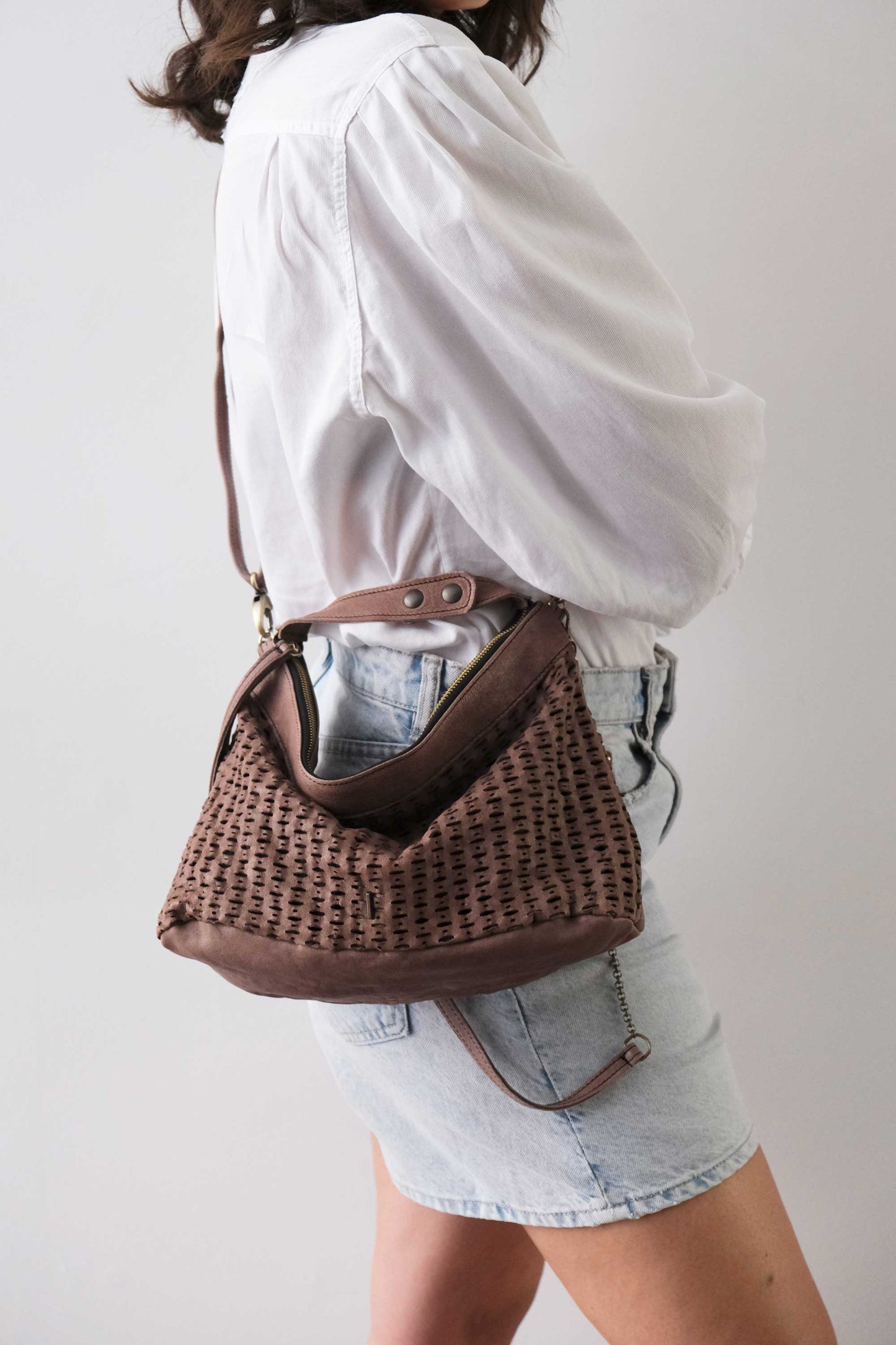Chicca Media hobo bag in taupe perforated giunco nappa - Made in Italy -
