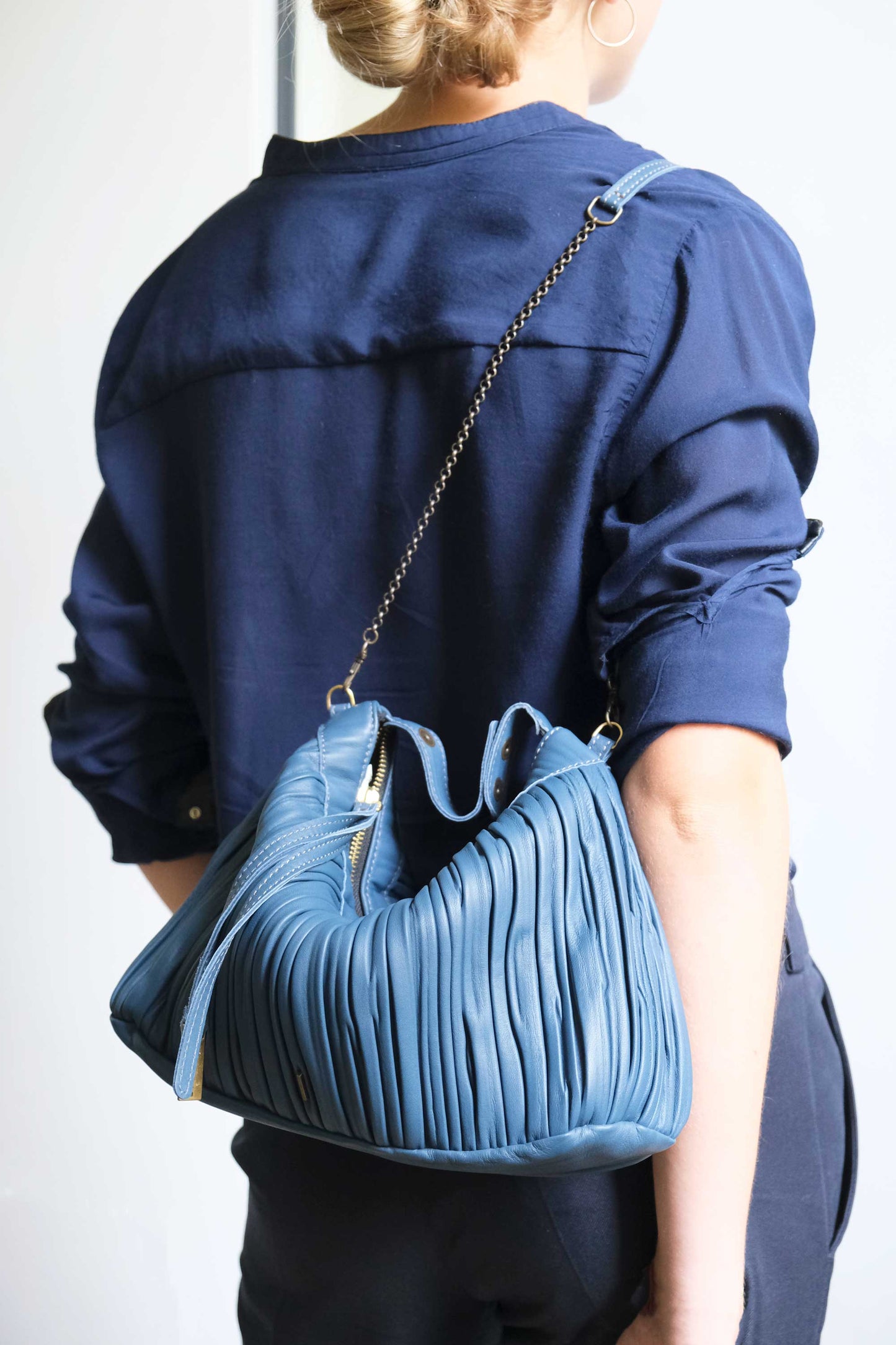 Chicca Media hobo bag in denim pleated leather