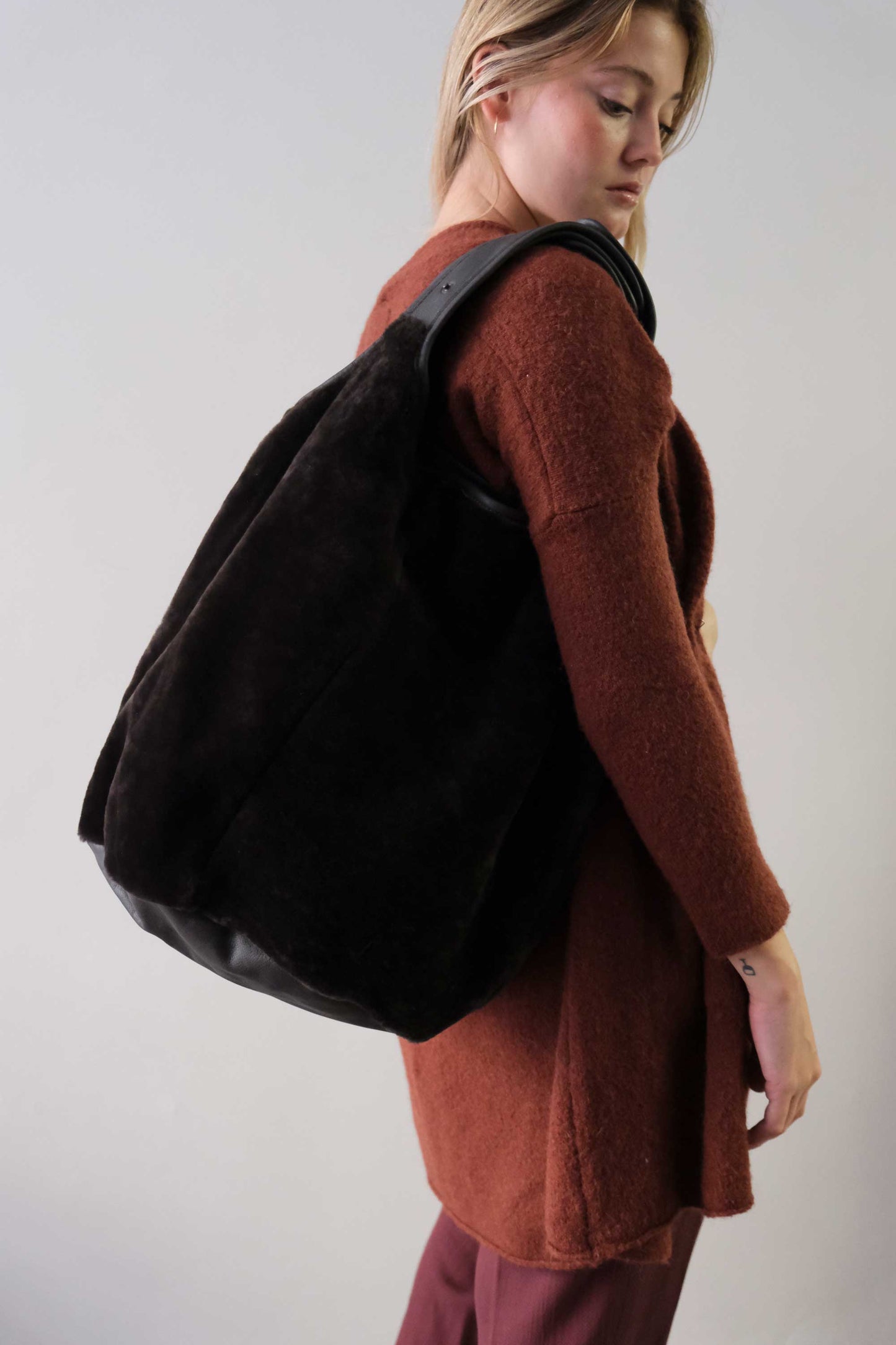 Lena tote bag in brown shearling leather - Made in Italy -