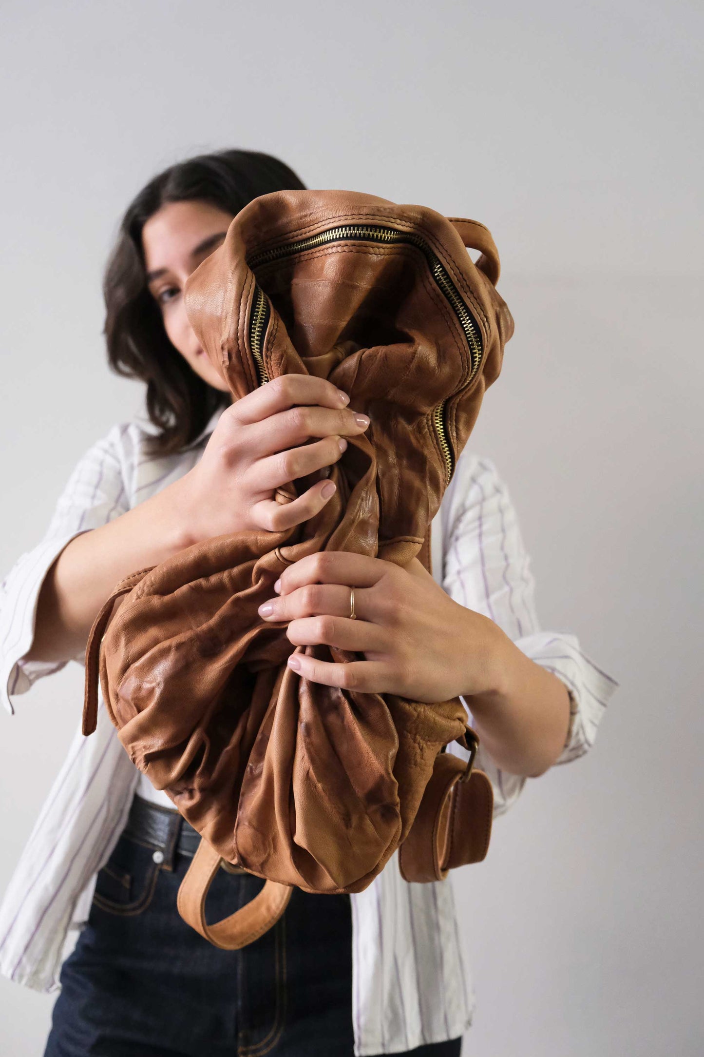 Nerina backpack in leather cognac washed and soft lomè nappa leather - Made in Italy -