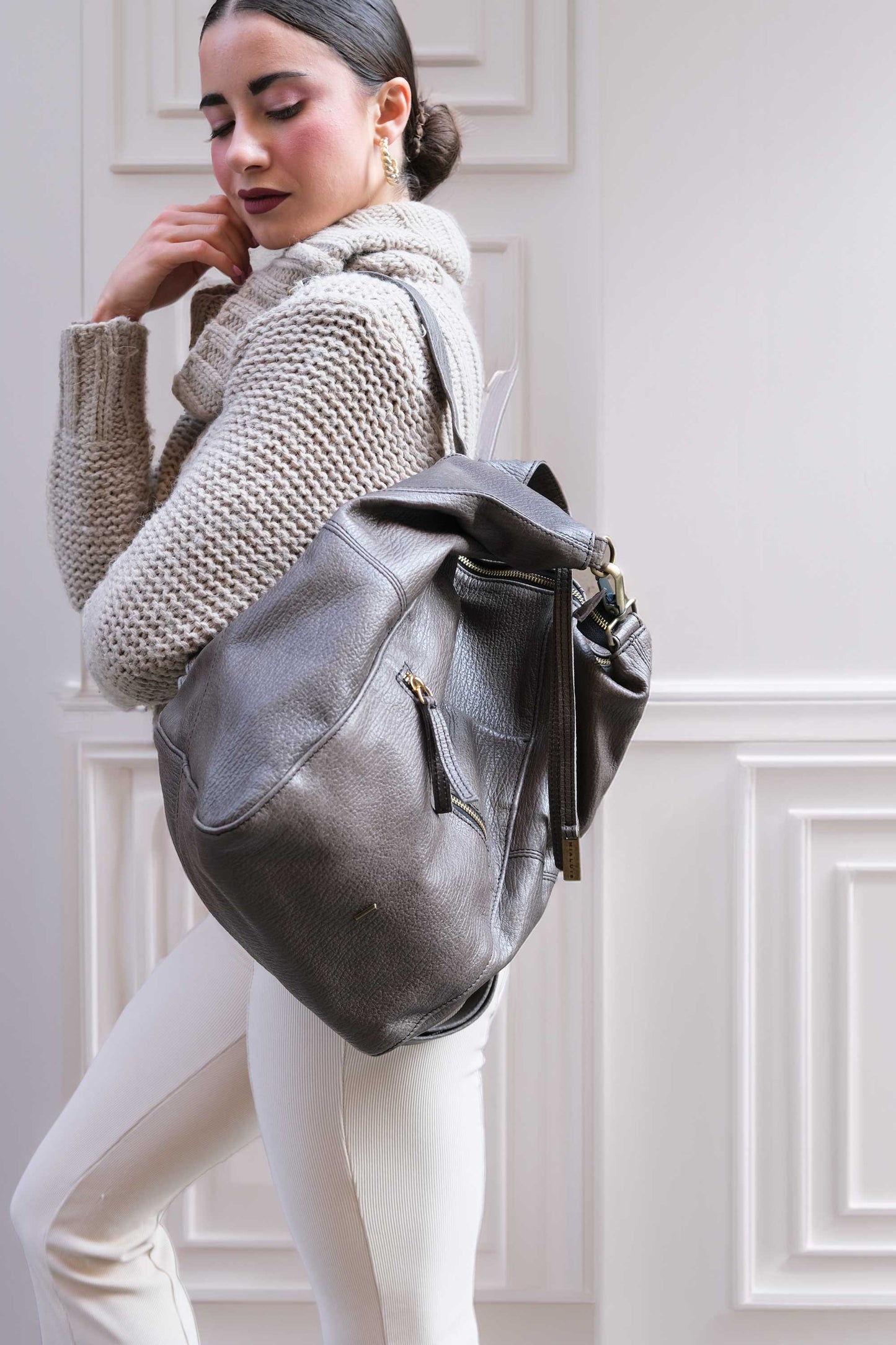 Vicky backpack in graphite shark-print vegetable-tanned nappa leather – Made in Italy -
