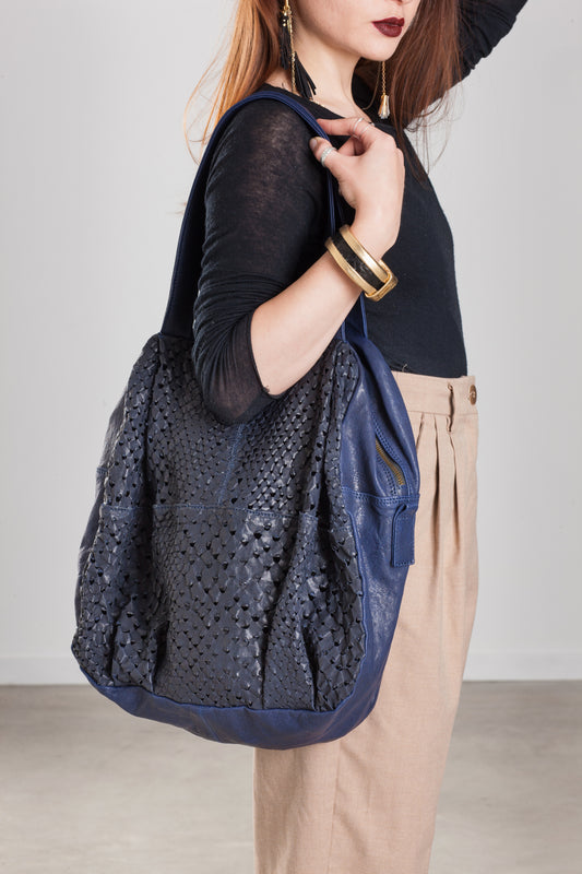 Riri tote bag cobalto in perforated leather - Made in Italy -