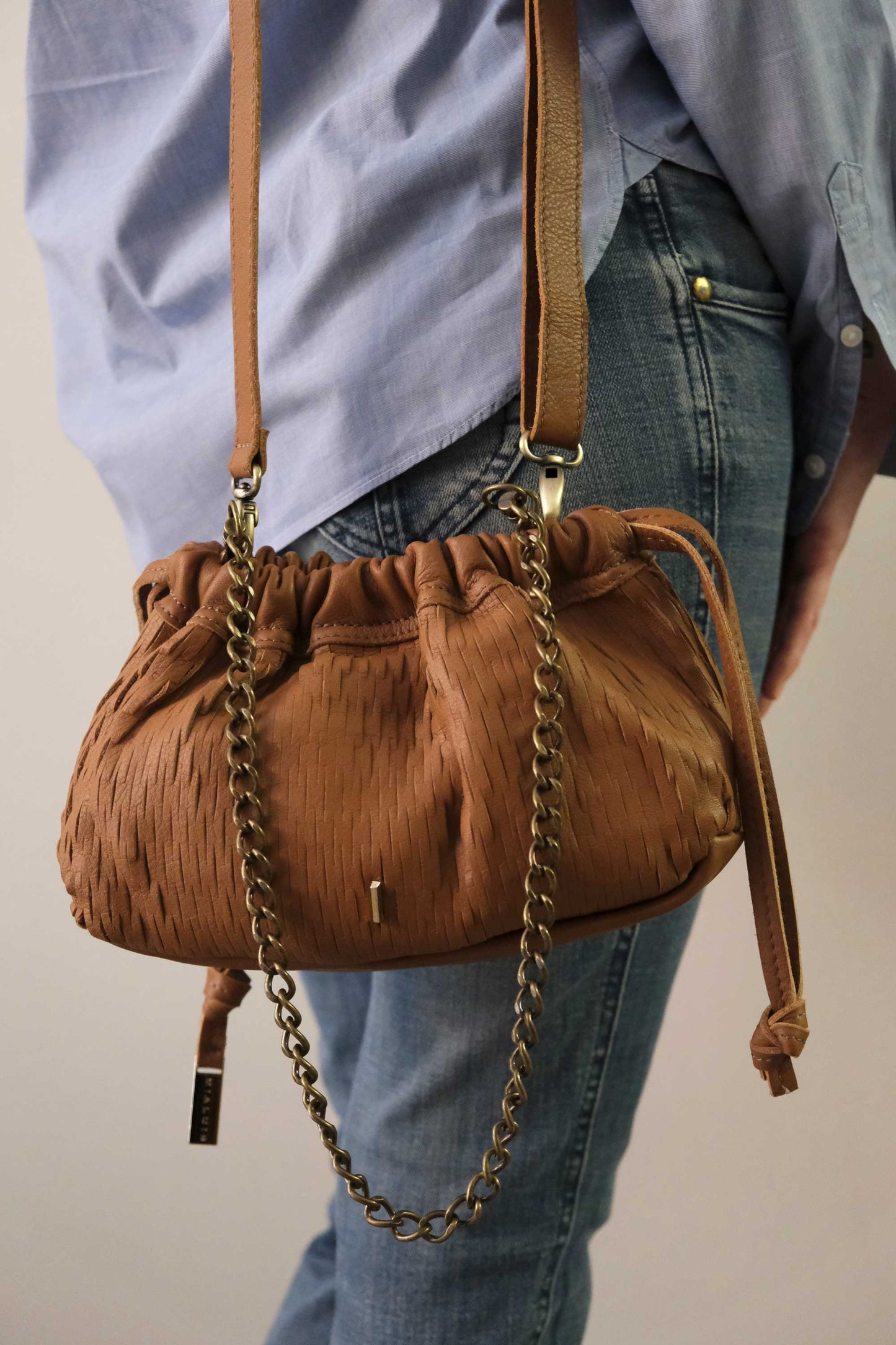 Agnes mini pochette in cognac perforated leather -Made in Italy -
