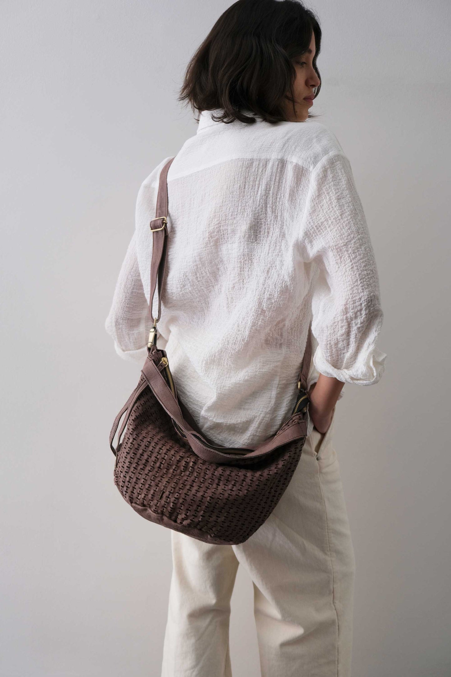 Carola bag in taupe perforated giunco soft leather - Made in Italy -